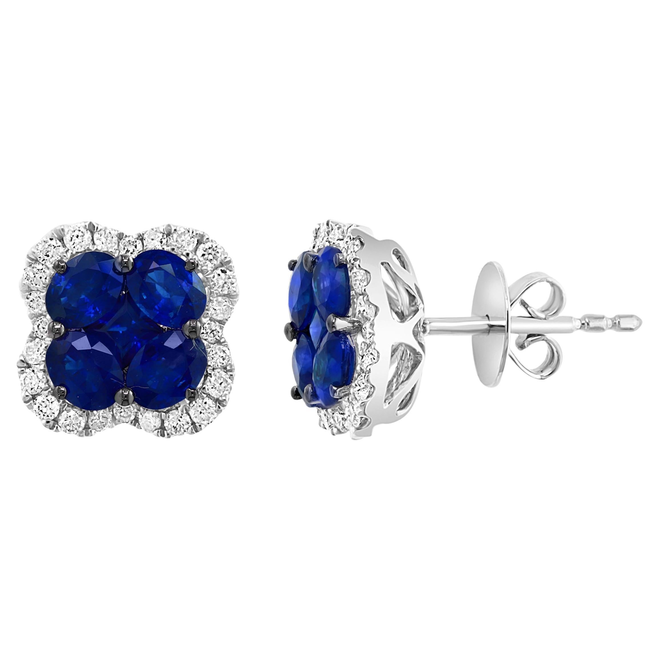 1.85 Carat Oval Cut Blue Sapphire and Diamond Stud Earrings in 18K White Gold