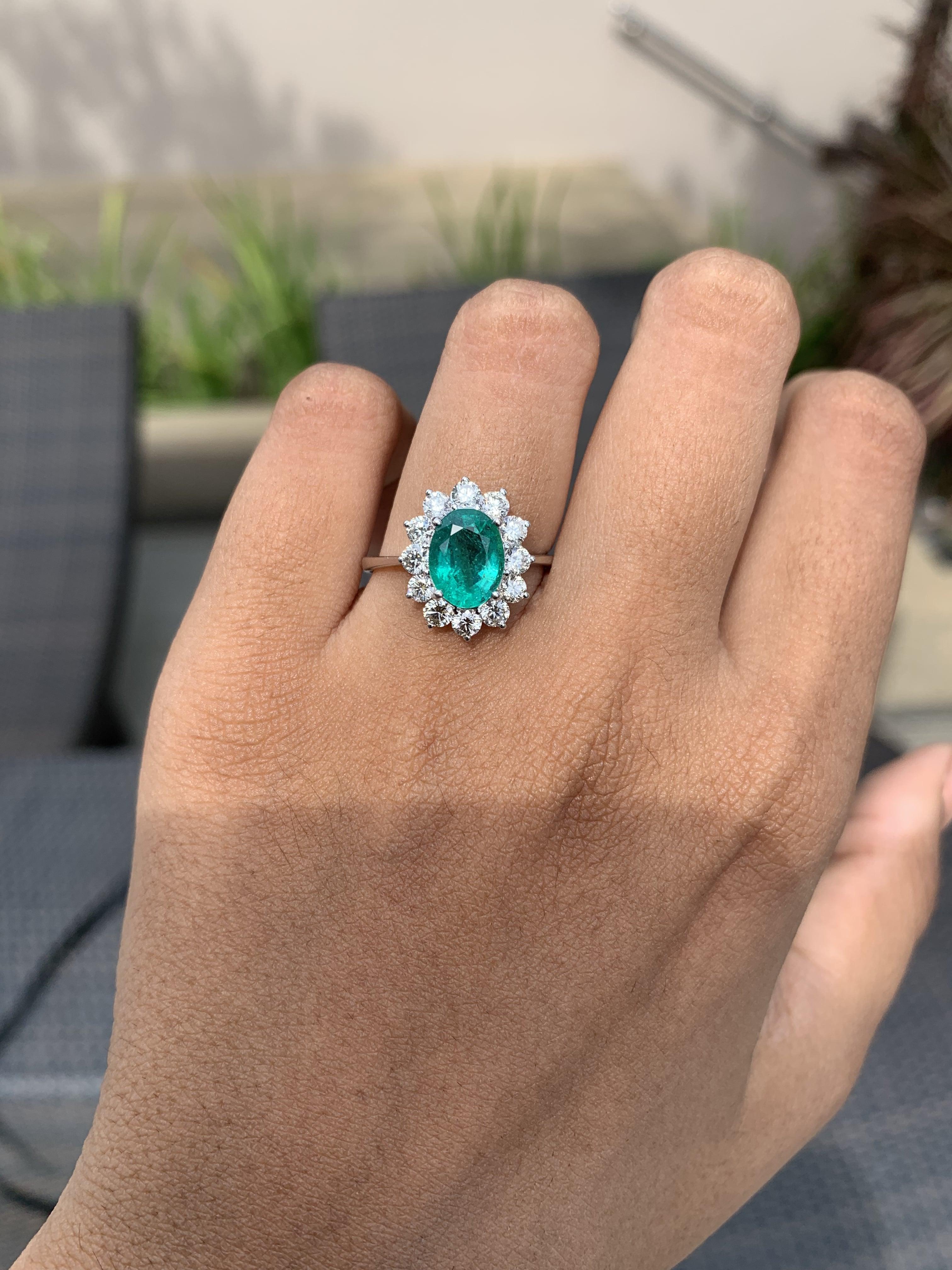 Victorian 1.64 Ct Vivid Green Zambian Emerald with Halo Diamonds 18K White Gold Ring For Sale