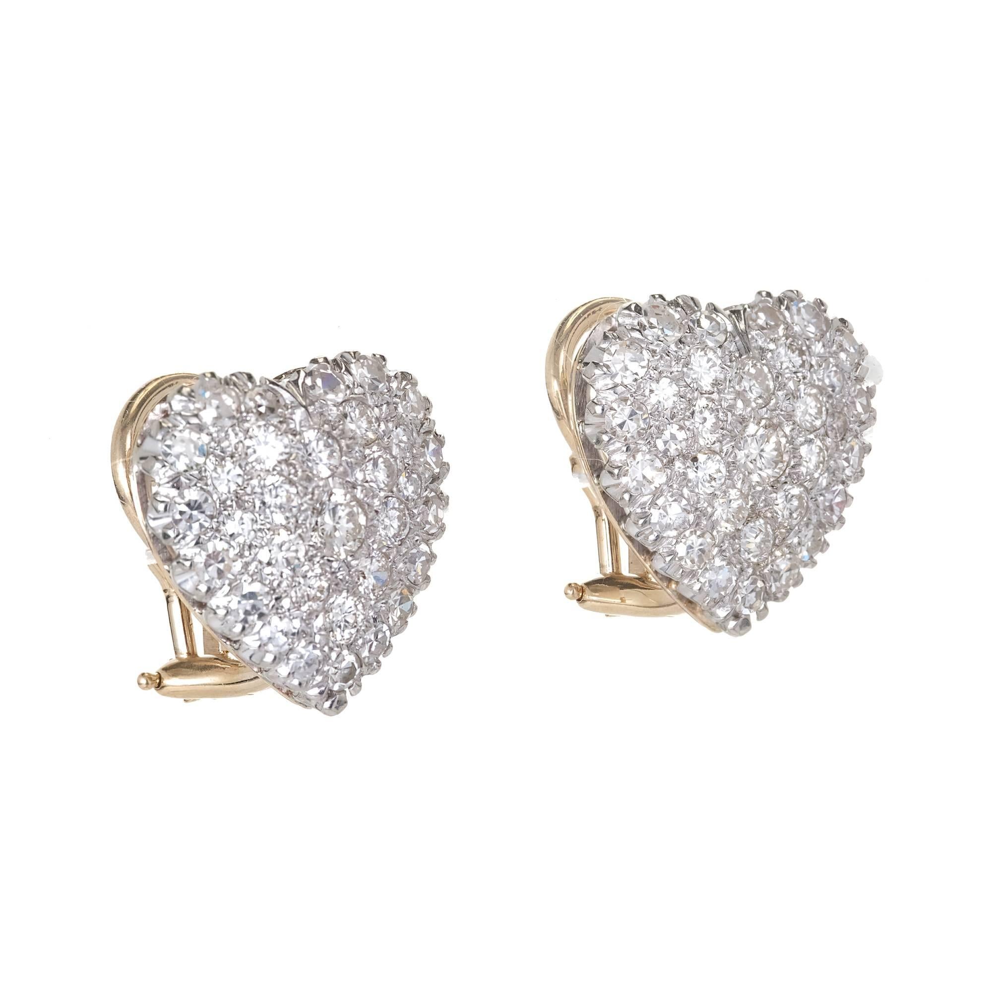 Round Cut 1.85 Carat Pave Diamond Two-Tone Gold Heart Domed Clip Post Earrings
