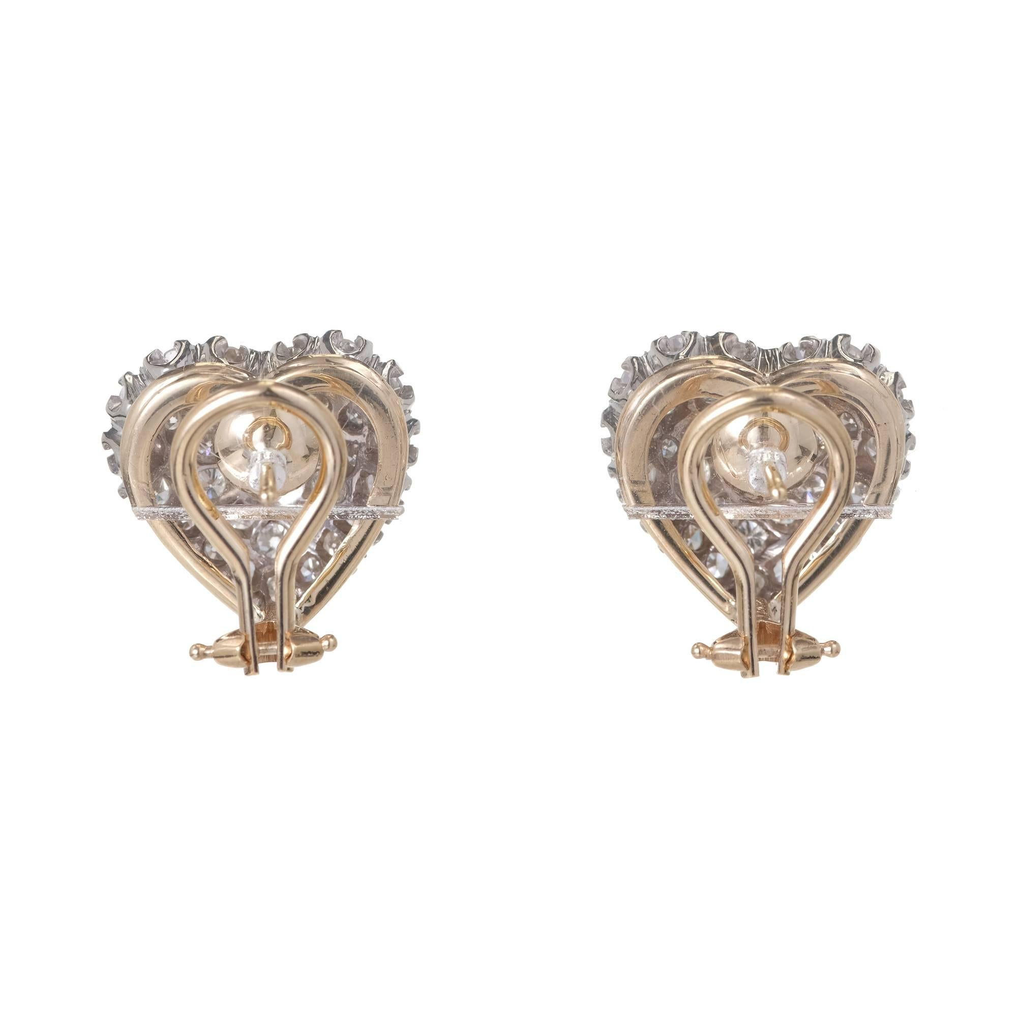 1.85 Carat Pave Diamond Two-Tone Gold Heart Domed Clip Post Earrings 1