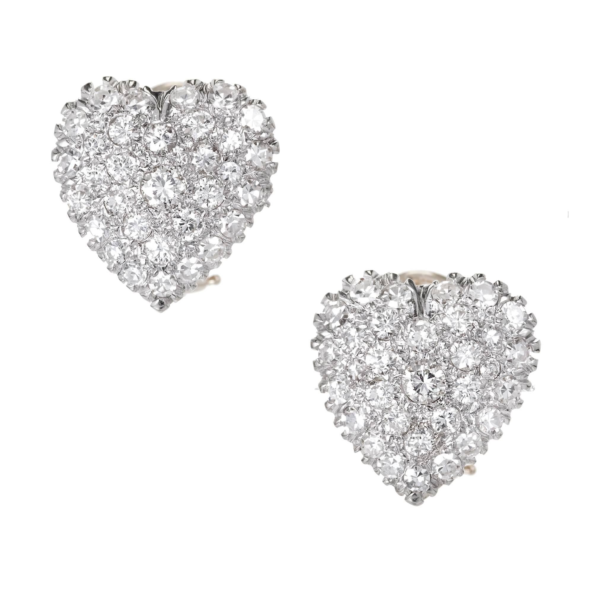 1.85 Carat Pave Diamond Two-Tone Gold Heart Domed Clip Post Earrings