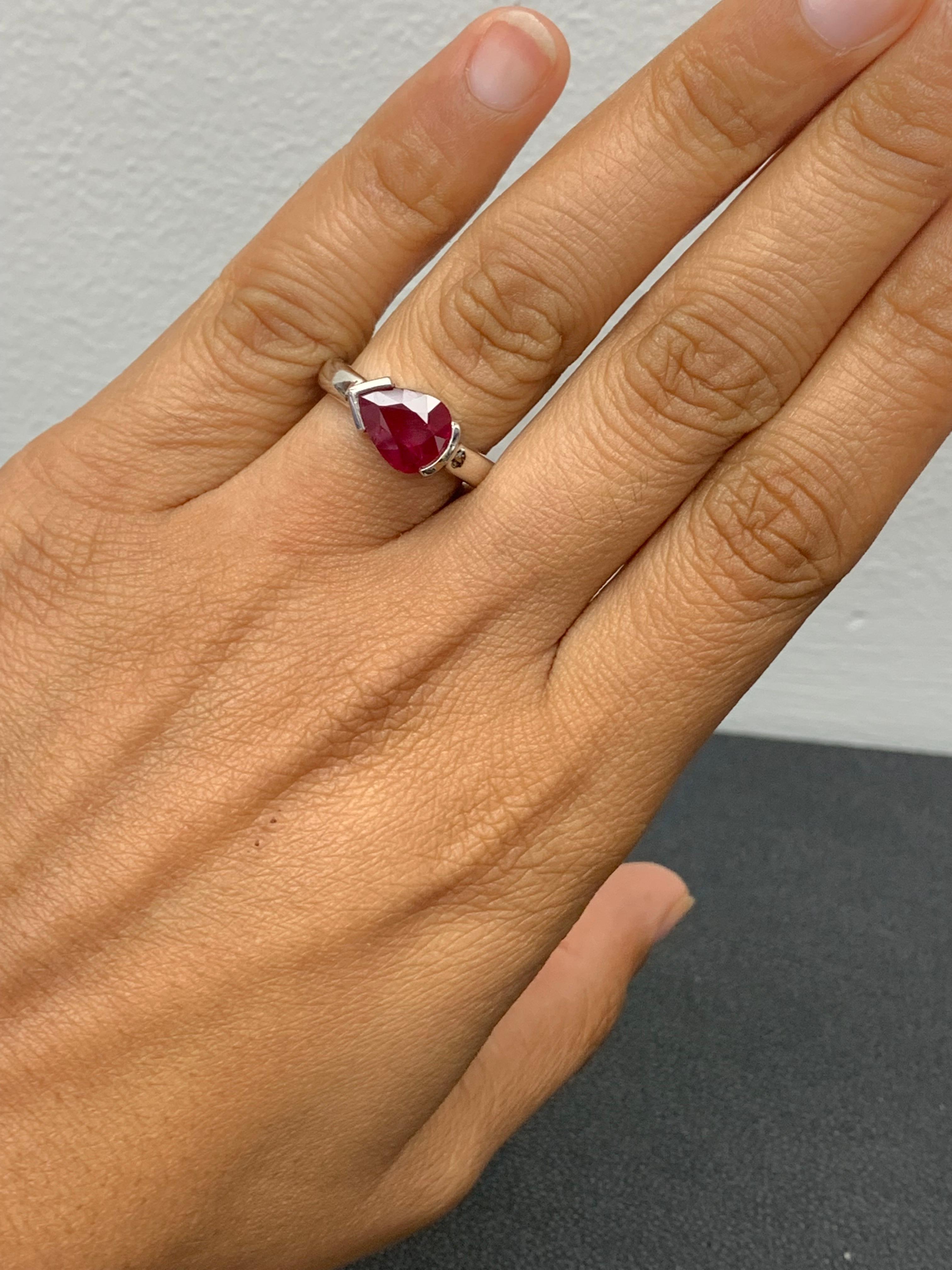 Pear Cut 1.85 Carat Pear shape Ruby Ring in 14k White Gold For Sale