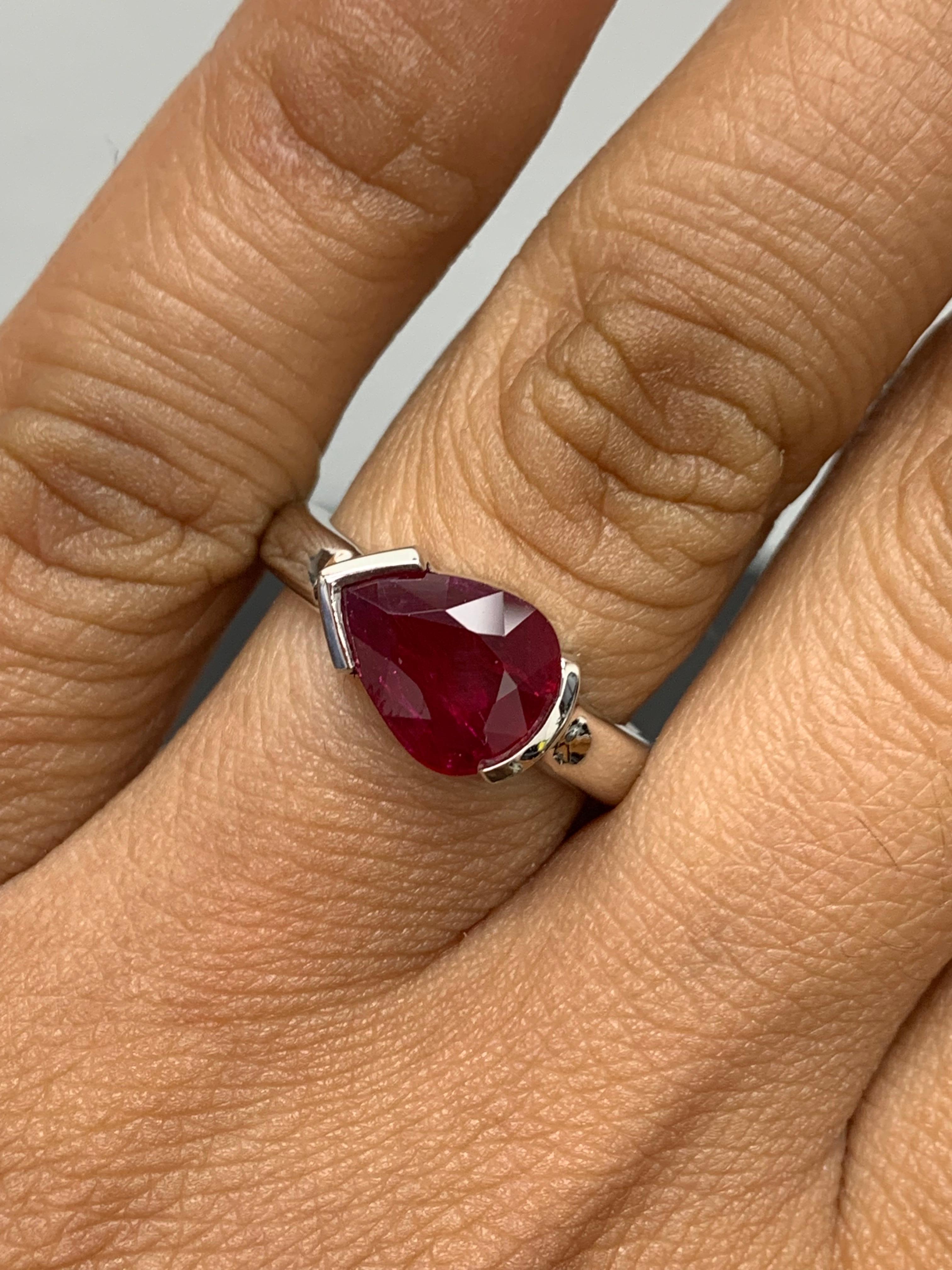 1.85 Carat Pear shape Ruby Ring in 14k White Gold For Sale 1