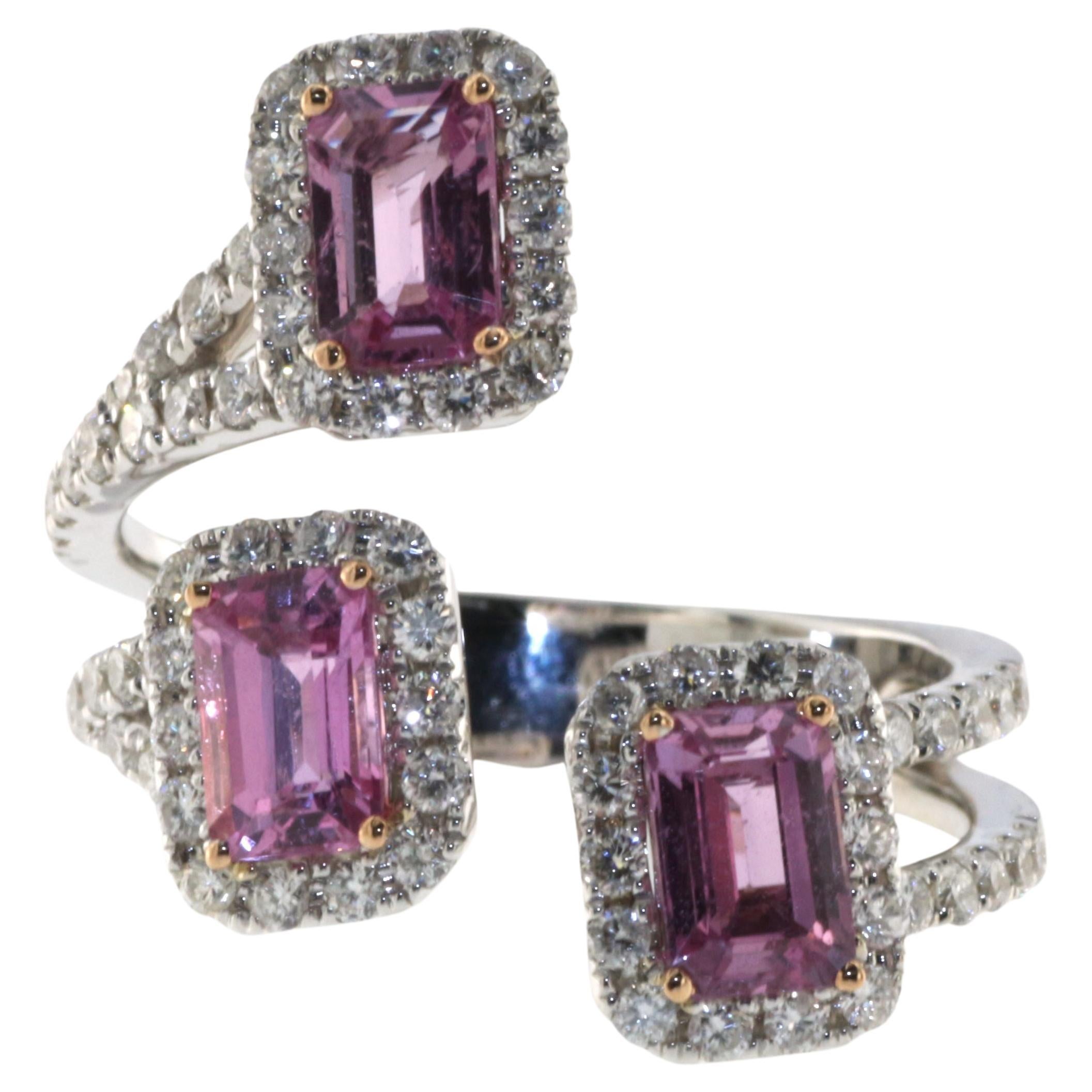 1.85 Carat Pink Sapphire Diamond Three Stones Ring in 18 Karat White Gold