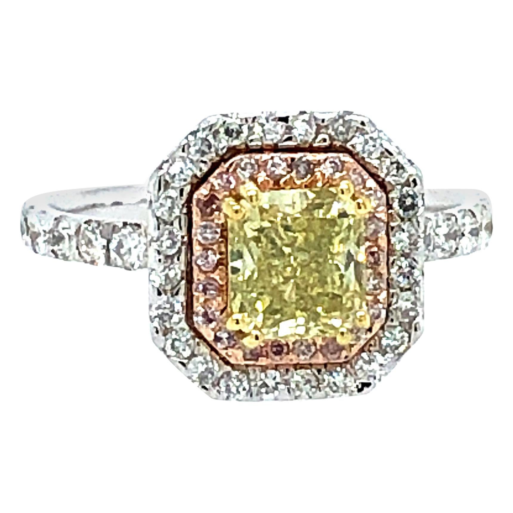 1.85 Carat Radiant GIA Cert Fancy Intense Yellow and Pink Diamond Ring 18kt Gold