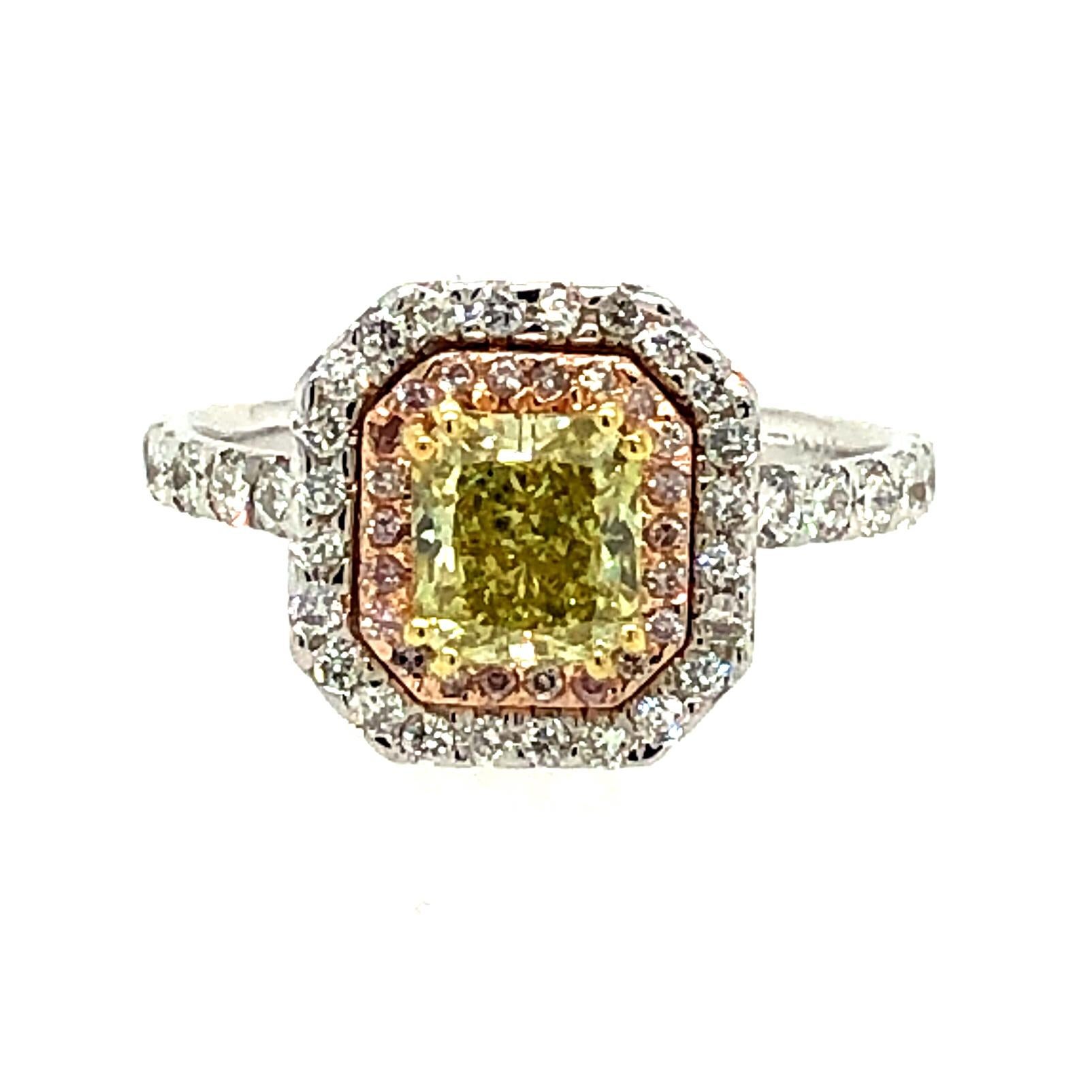 Contemporary 1.85 Carat Radiant GIA Cert Fancy Intense Yellow and Pink Diamond Ring 18kt Gold
