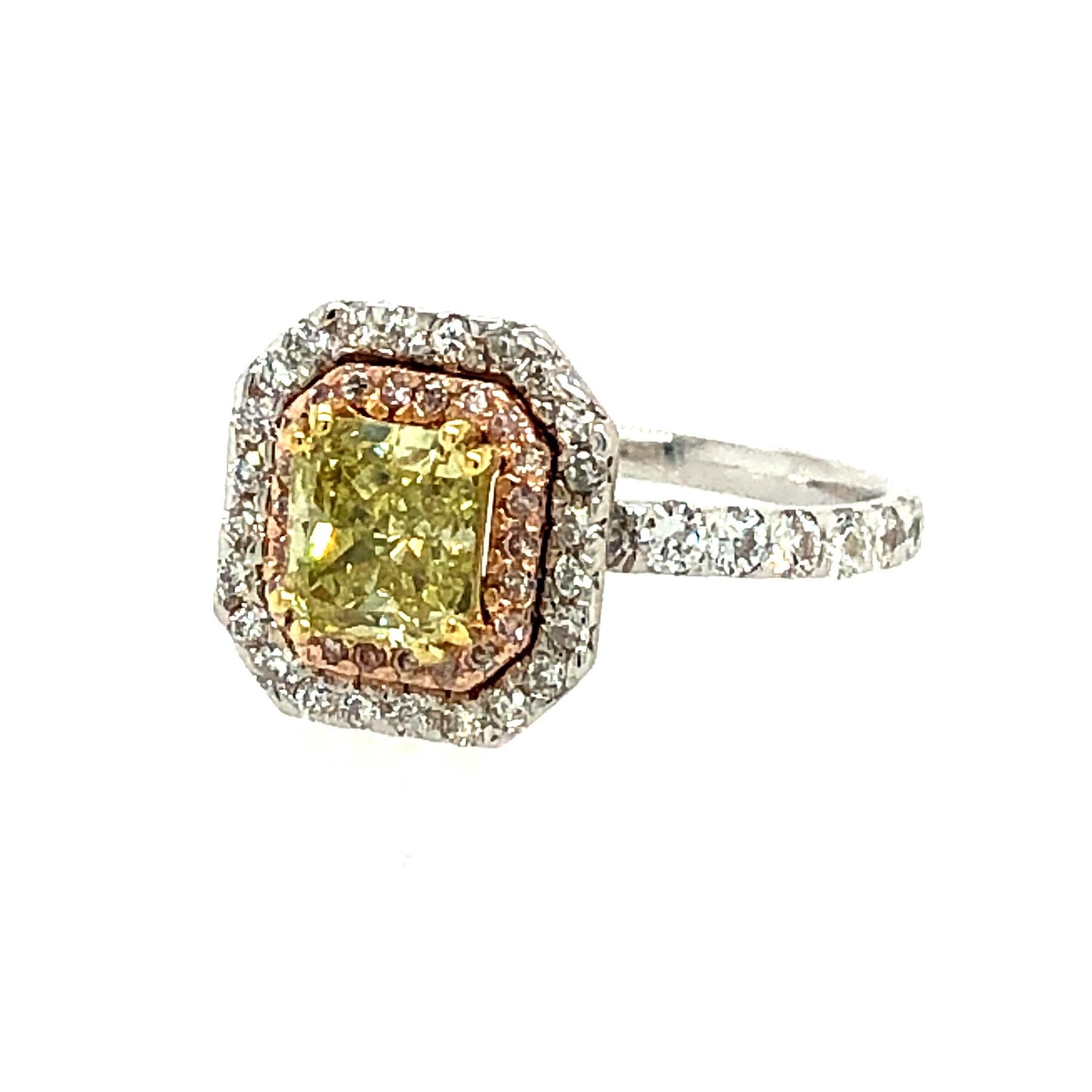 Radiant Cut 1.85 Carat Radiant GIA Cert Fancy Intense Yellow and Pink Diamond Ring 18kt Gold