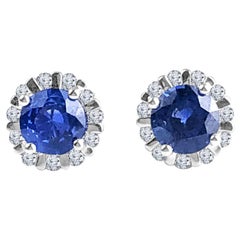 1.85 Carat Round Blue Sapphire Stud Earrings in Nat Diamond Halo in 18K ref1223