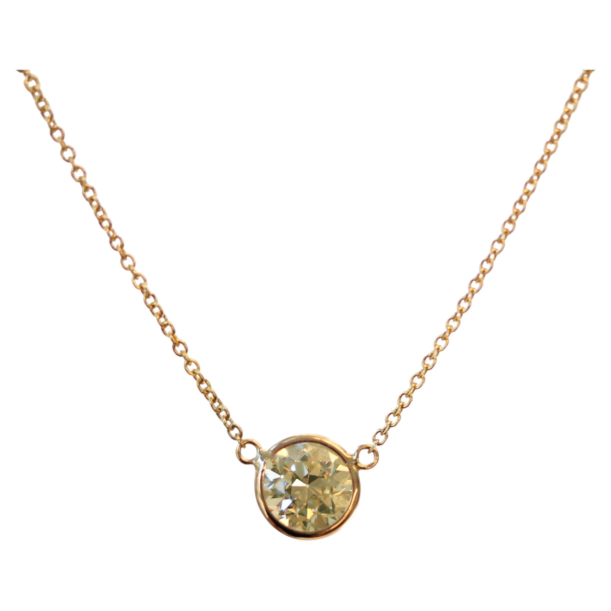 1.85 Carat Round Diamond Delicate Handmade Solitaire Necklace In 14k Yellow Gold For Sale