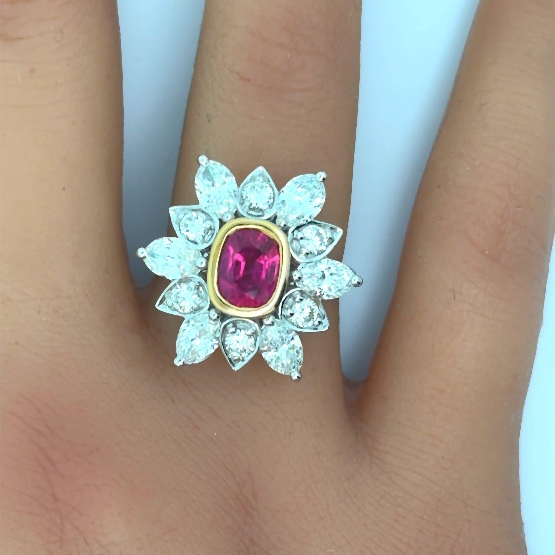 1.85 Carat Ruby Diamond Sunburst 18K White Gold Ring, AGL Certified In New Condition For Sale In Beverly Hills, CA