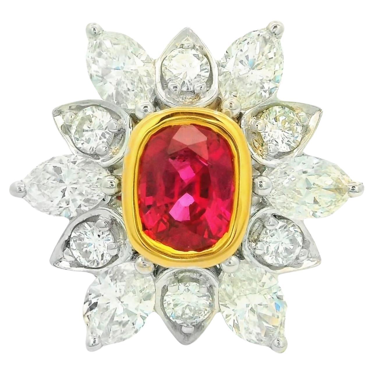 1.85 Carat Ruby Diamond Sunburst 18K White Gold Ring, AGL Certified