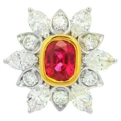 1.85 Carat Ruby Diamond Sunburst 18K White Gold Ring, AGL Certified