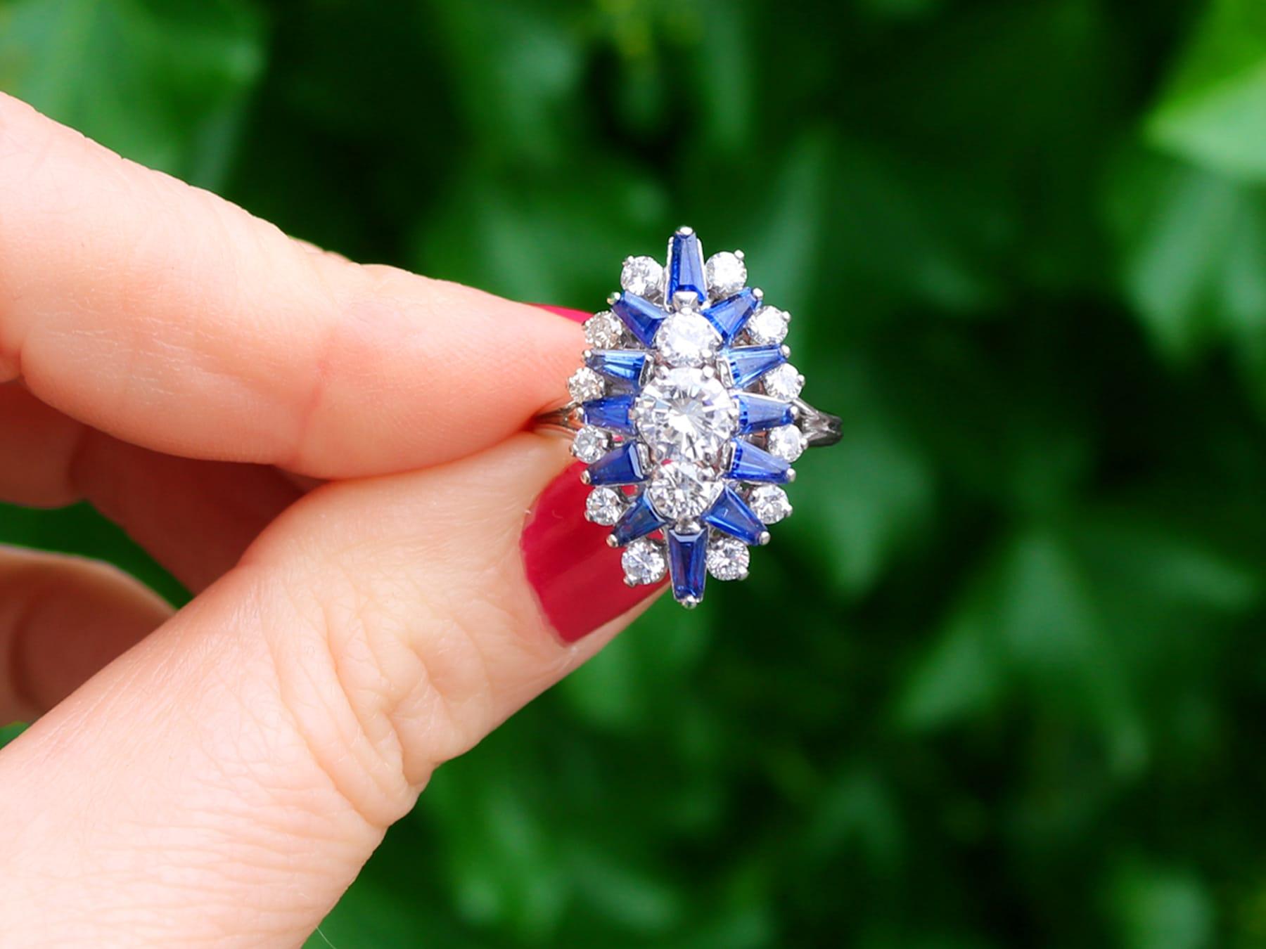 A stunning, fine and impressive vintage 1.85 carat blue sapphire and 1.76 carat diamond, 18 karat white gold cluster ring; part of our diverse vintage jewelry collections.

This stunning, fine and impressive vintage sapphire and diamond ring has