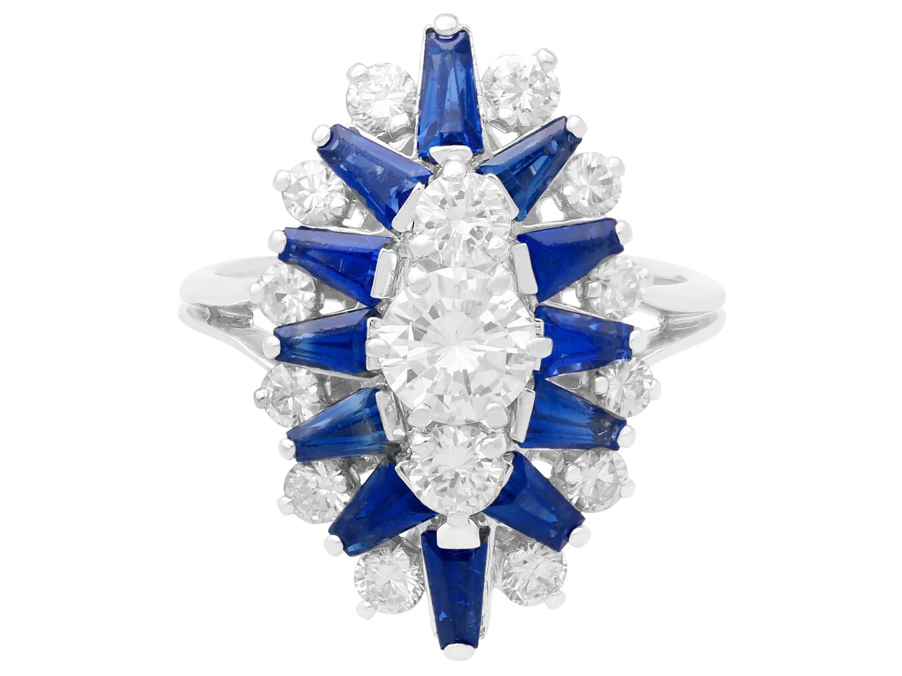Baguette Cut 1.85 Carat Sapphire and 1.76 Carat Diamond White Gold Cluster Ring For Sale