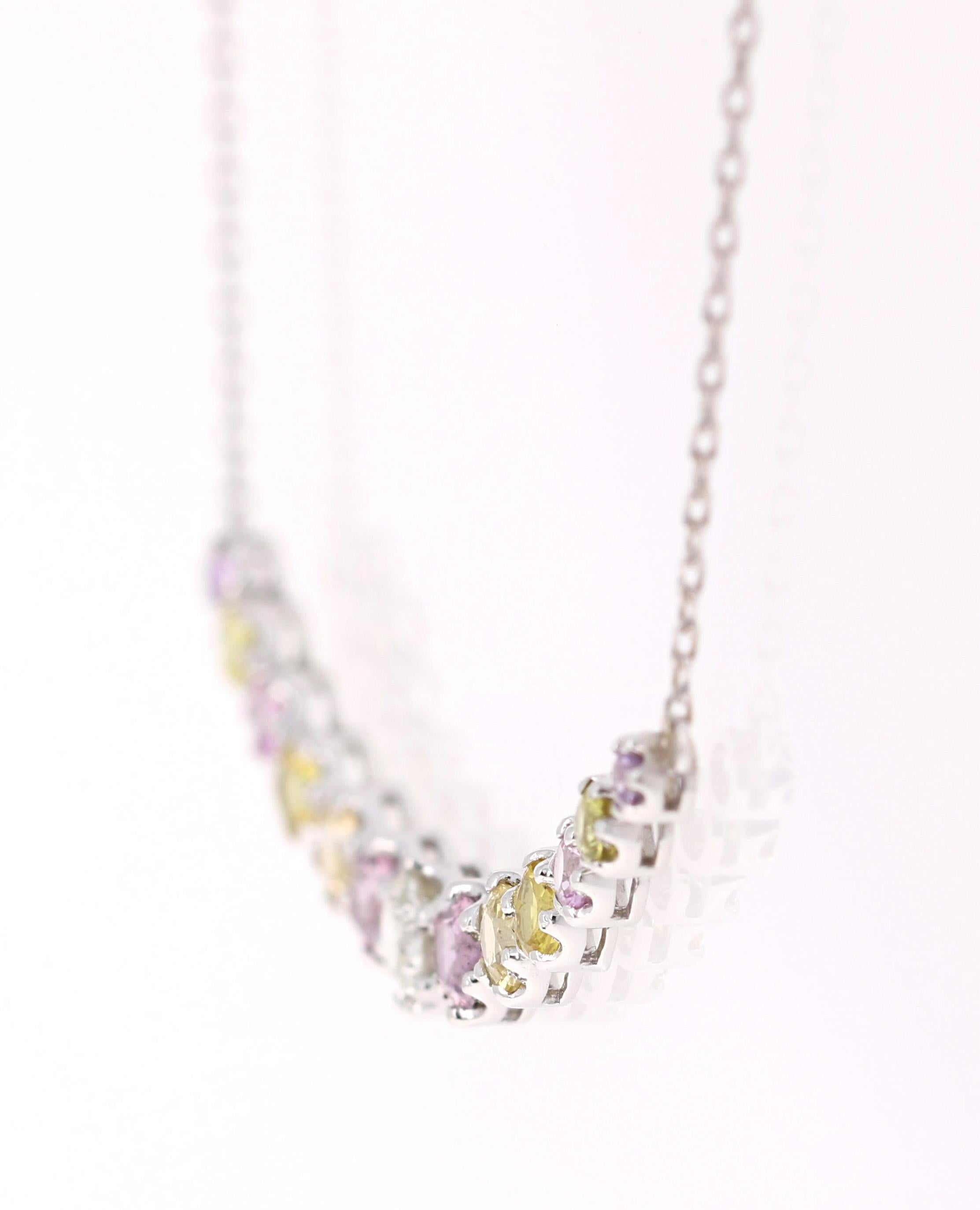 Modern 1.85 Carat Sapphire Diamond Bar Chain Necklace 14 Karat White Gold For Sale