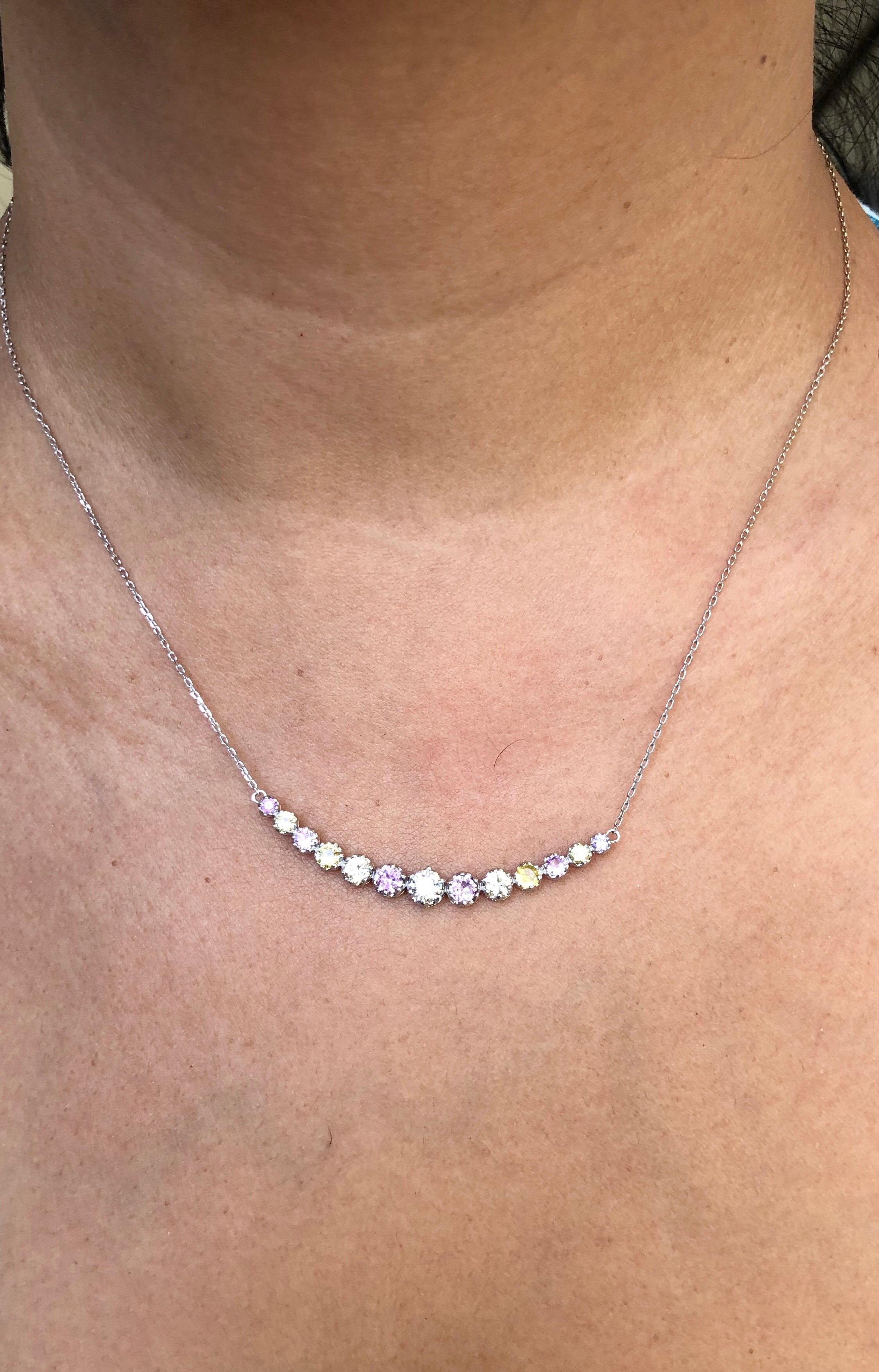 Women's 1.85 Carat Sapphire Diamond Bar Chain Necklace 14 Karat White Gold For Sale