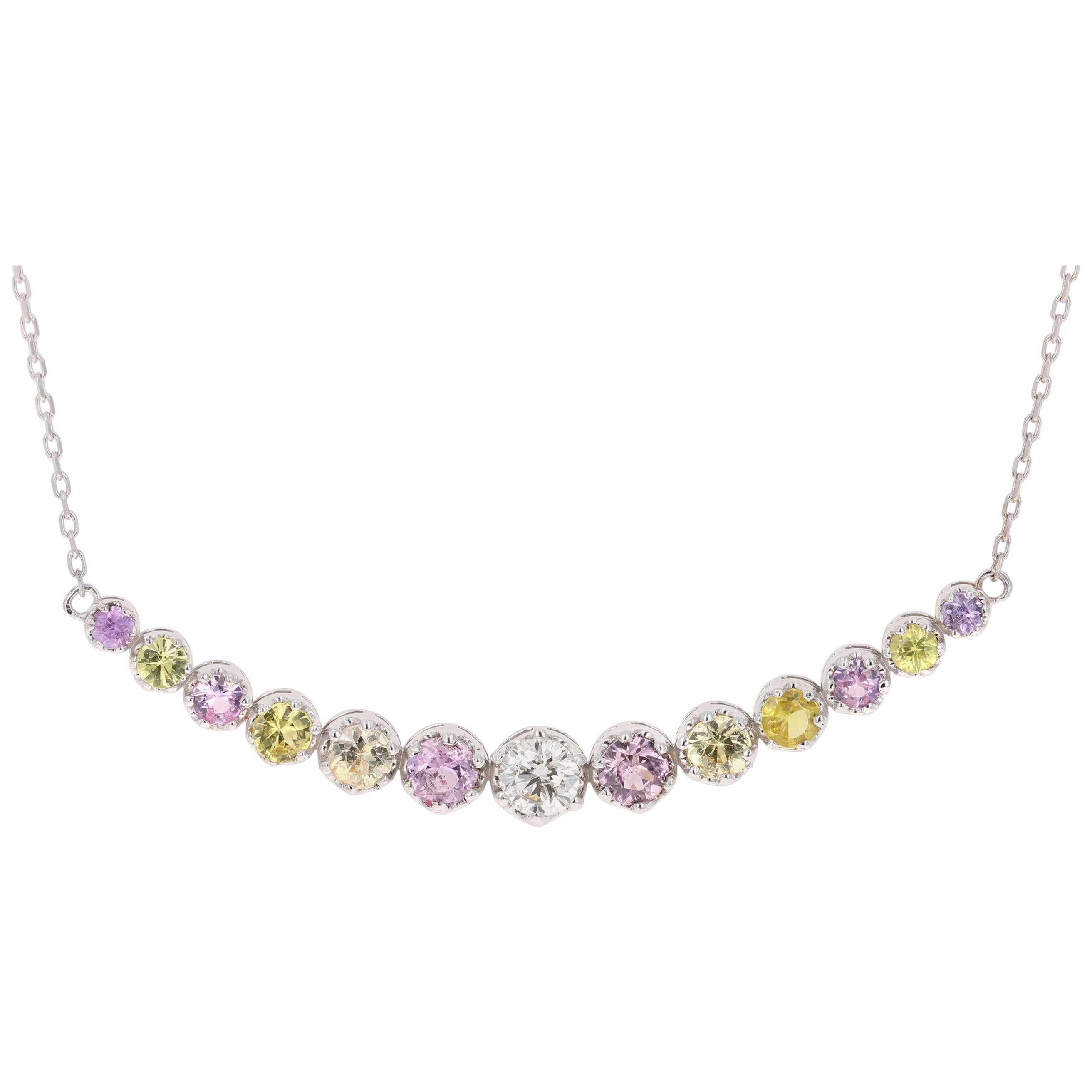 1.85 Carat Sapphire Diamond Bar Chain Necklace 14 Karat White Gold For Sale