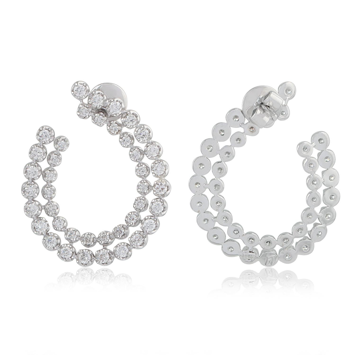 Women's 1.85 Carat SI Clarity HI Color Diamond Hoop Earrings 14 Karat White Gold Jewelry For Sale