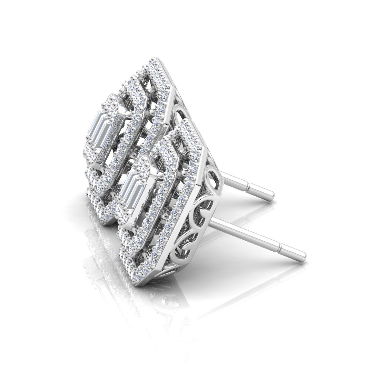 Modern SI/HI Baguette & Round Diamond Stud Earrings 10 Karat White Gold Fine Jewelry For Sale