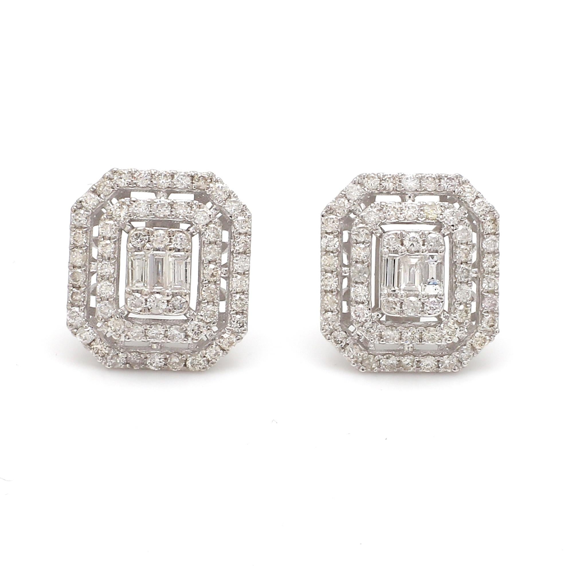 SI/HI Baguette & Round Diamond Stud Earrings 10 Karat White Gold Fine Jewelry For Sale 1