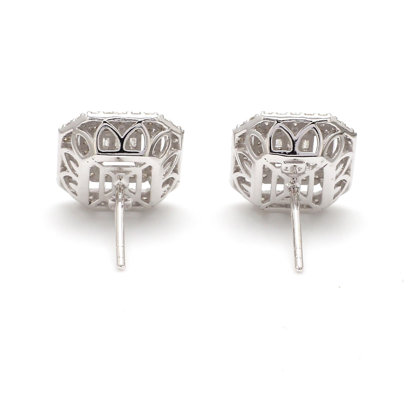 SI/HI Baguette & Round Diamond Stud Earrings 10 Karat White Gold Fine Jewelry For Sale 2