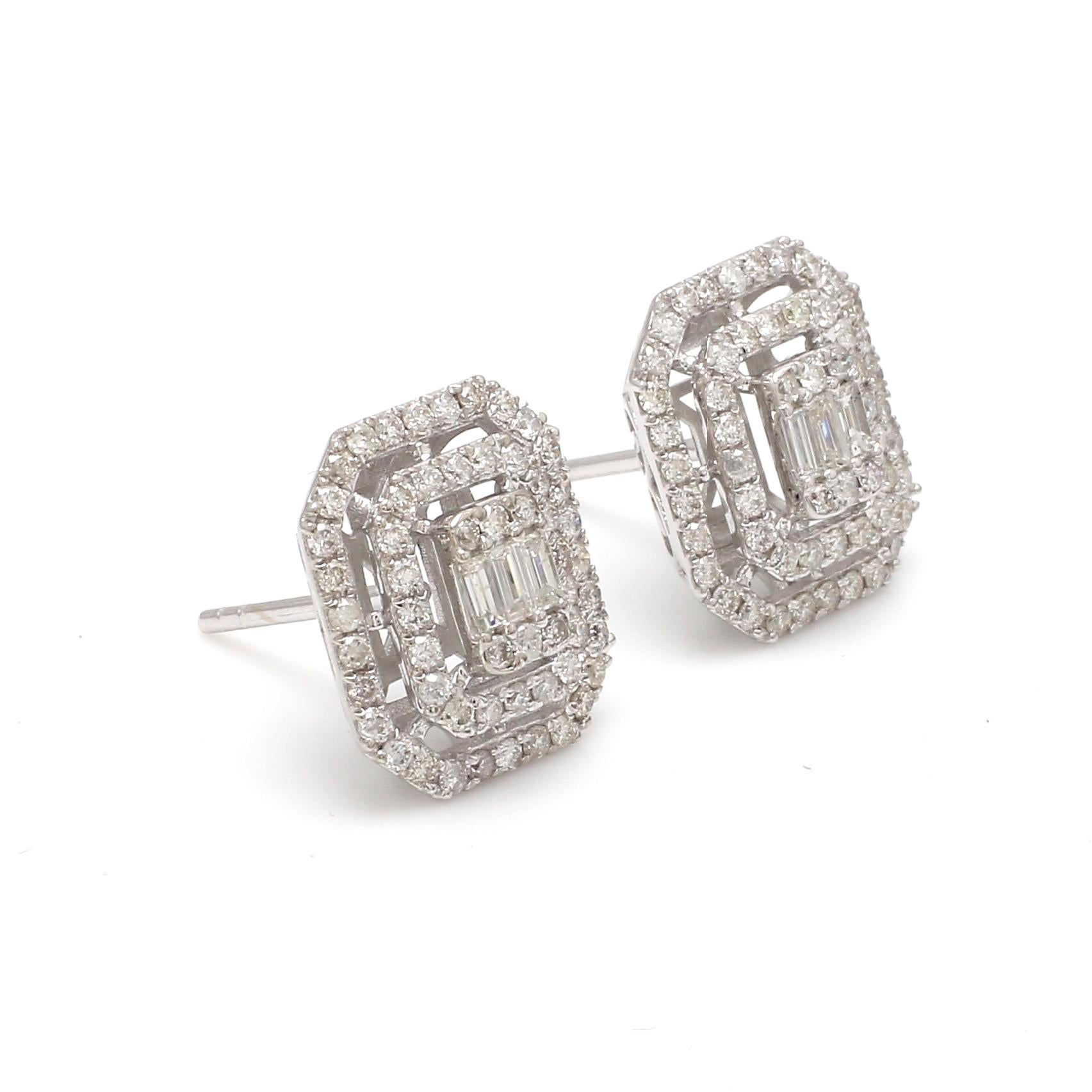 SI/HI Baguette & Round Diamond Stud Earrings 10 Karat White Gold Fine Jewelry For Sale 3