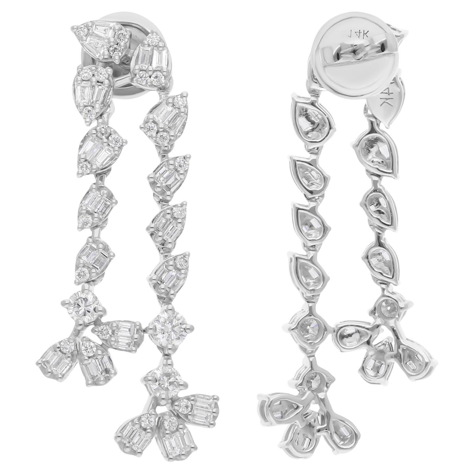 1.85 Carat SI/H Baguette Round Diamond Earrings 14 Karat White Gold Fine Jewelry