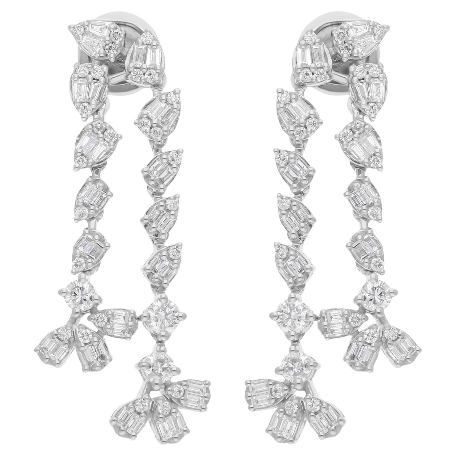 1.85 Carat SI/H Baguette Round Diamond Earrings 14 Karat White Gold Fine Jewelry