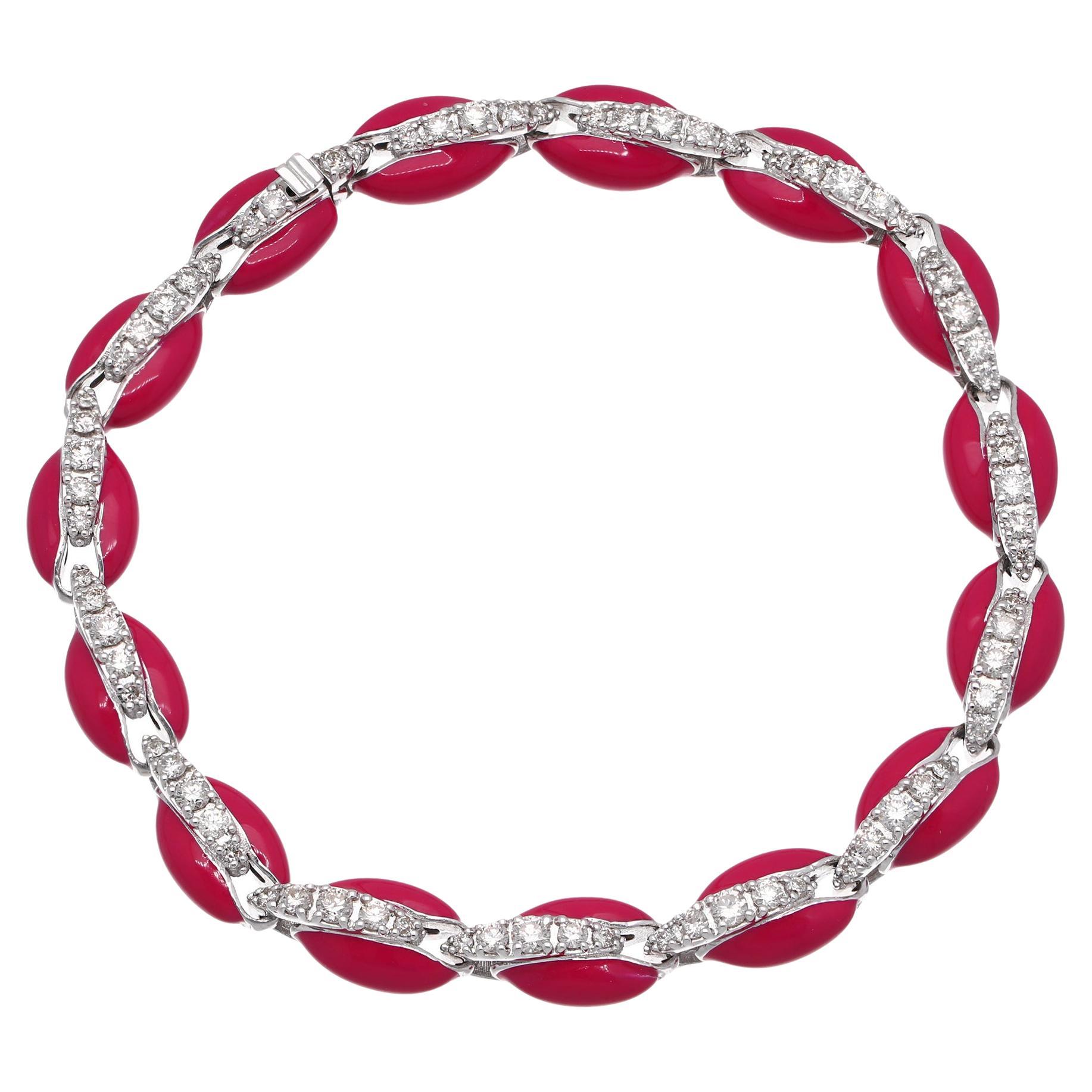 Pulsera de concha de cauri con esmalte rojo y diamantes SI/H de 1,85 quilates y 10 quilates de oro blanco