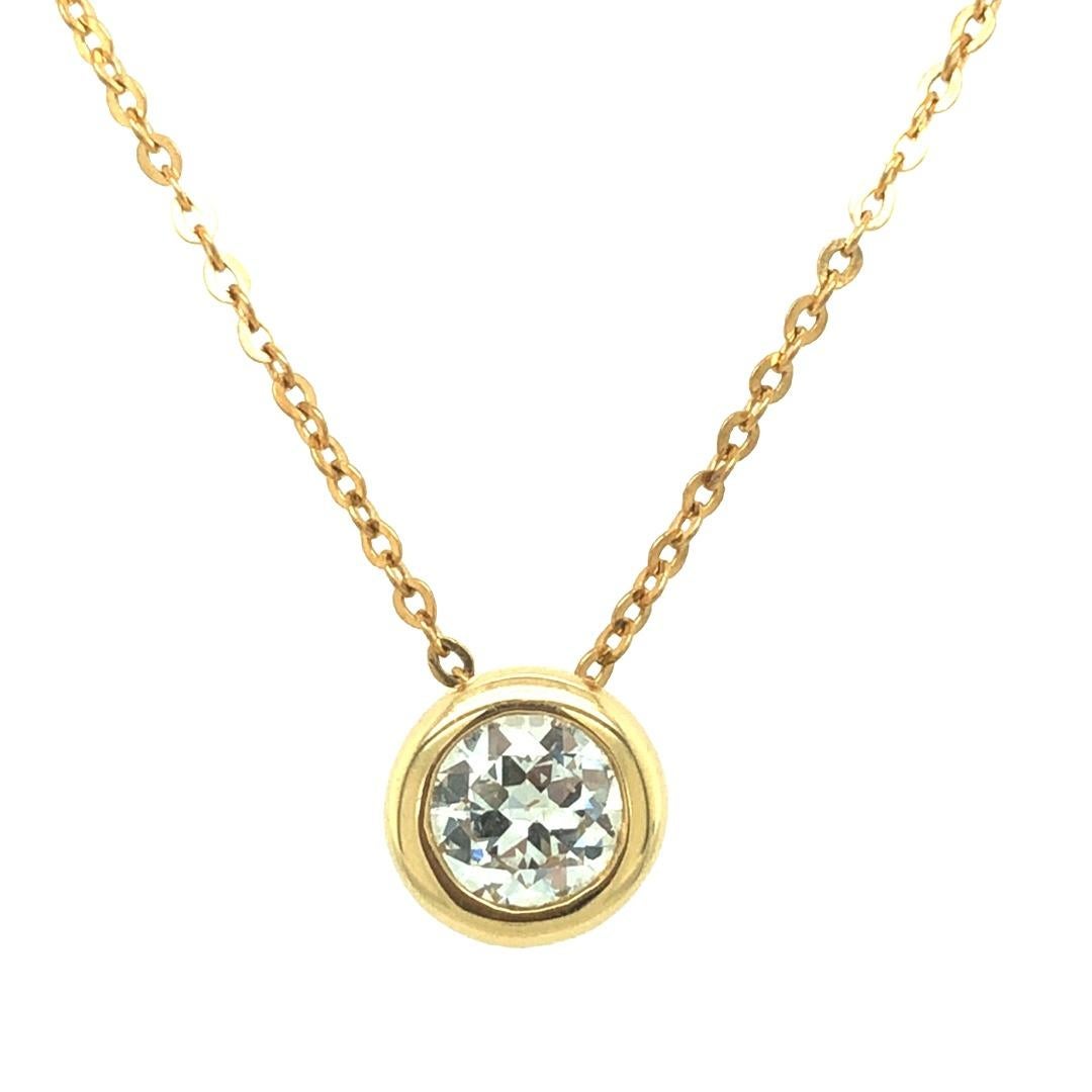 Simple and elegant solitaire diamond sliding pendant necklace, This gorgeous 1.85 carat Old European cut Diamond is bezel-set and nestled in solid and stamped 18k Yellow Gold. Necklace Stamped 750 Italian Unoaerre Link Chain 18' in length

Gemstone: