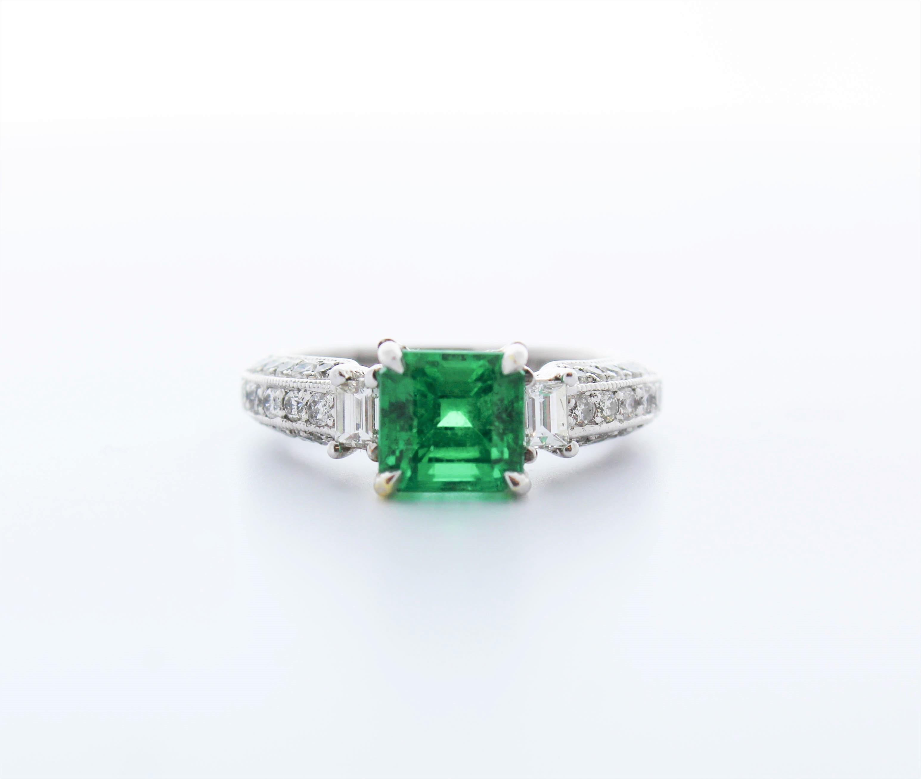 1.85 Carat Square Emerald & Diamond Cocktail Ring in 14 K White Gold For Sale 1