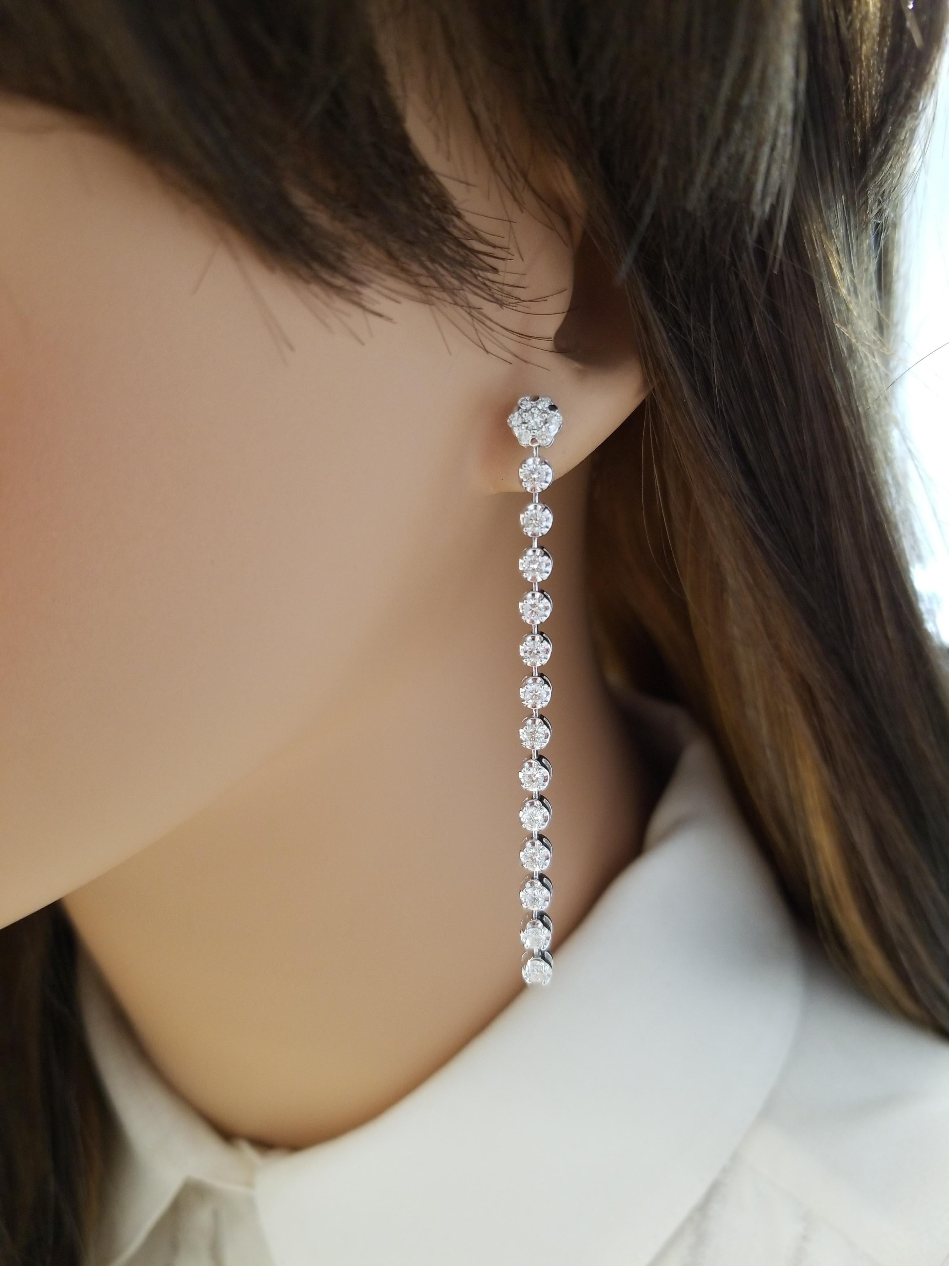 Round Cut 1.85 Carat Total Diamond Dangle Earrings in 14 Karat White Gold