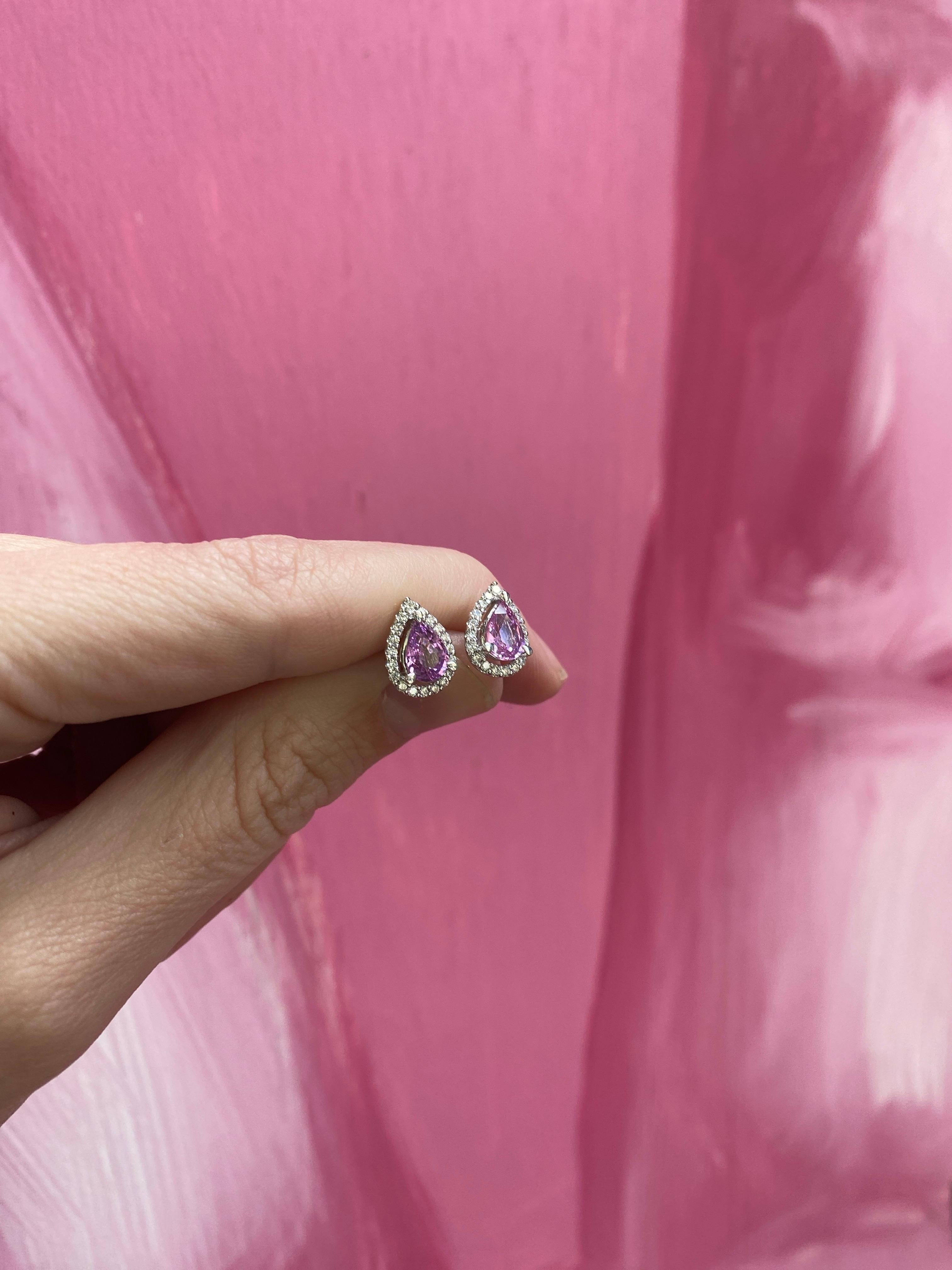1.85 Carat Total Weight Pear Shaped Pink Sapphire and Diamond Halo Earrings For Sale 5