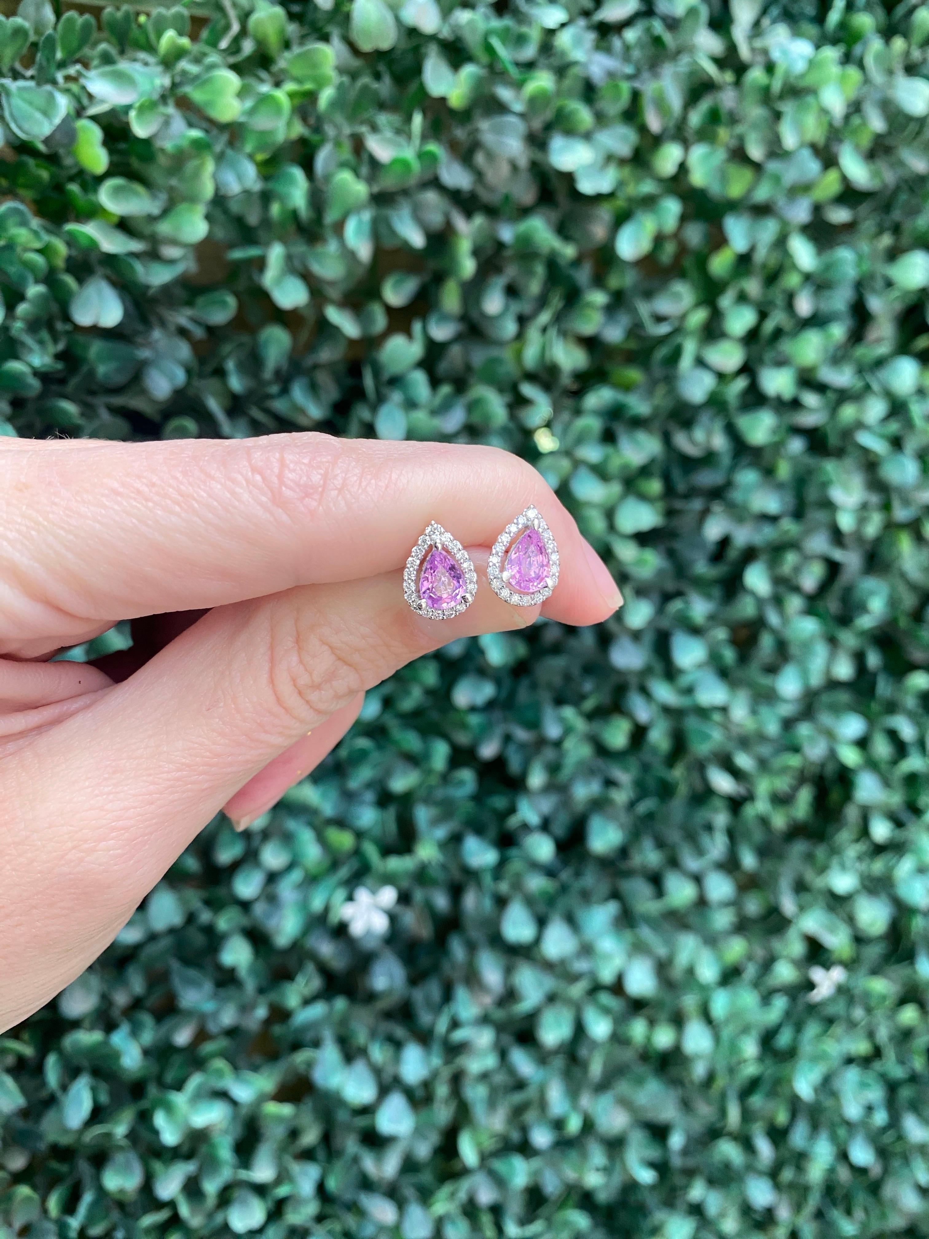 1.85 Carat Total Weight Pear Shaped Pink Sapphire and Diamond Halo Earrings For Sale 7