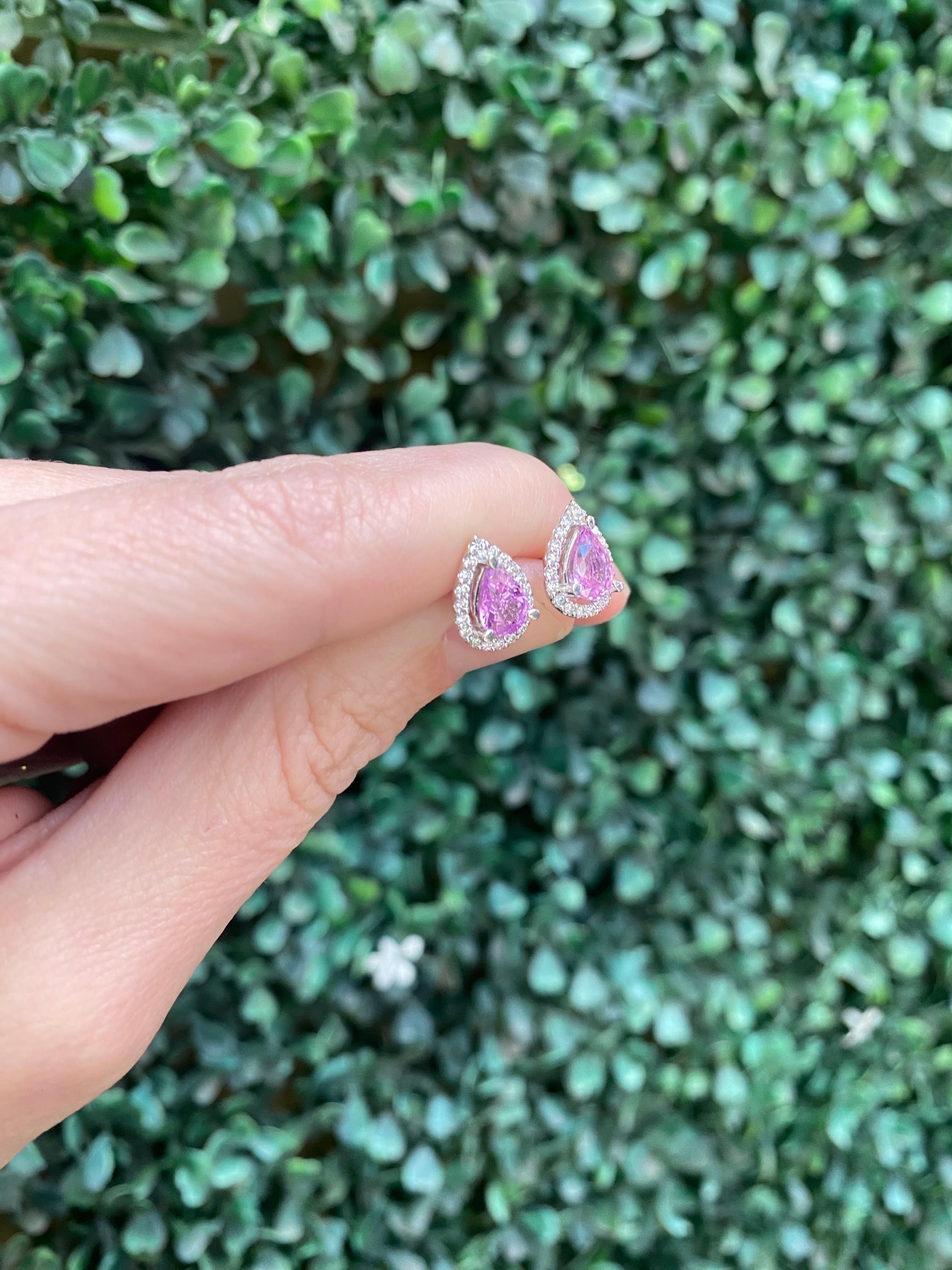 1.85 Carat Total Weight Pear Shaped Pink Sapphire and Diamond Halo Earrings For Sale 8