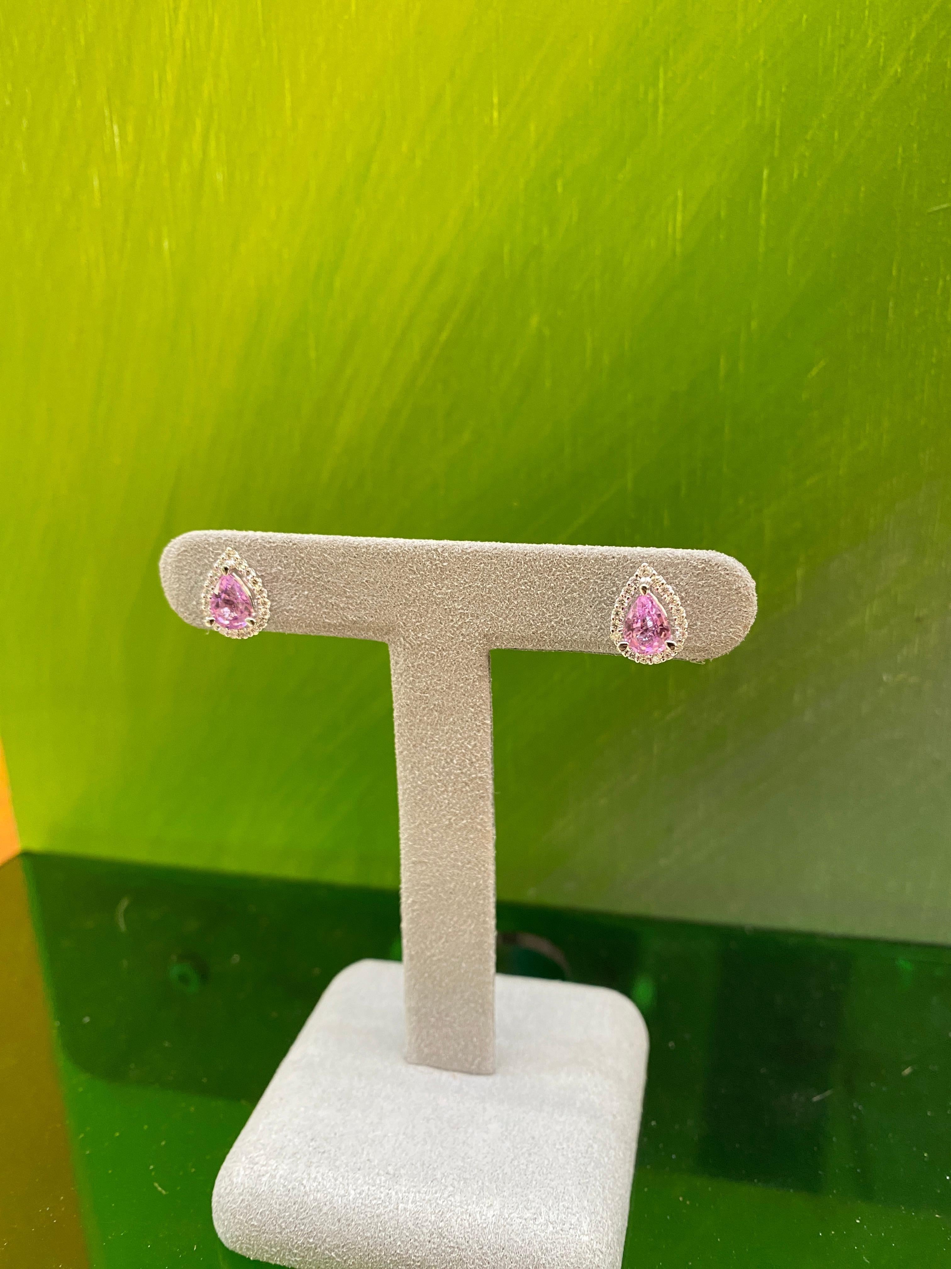 Pendientes de zafiro rosa y halo de diamantes en forma de pera de 1,85 quilates de peso total en venta 11