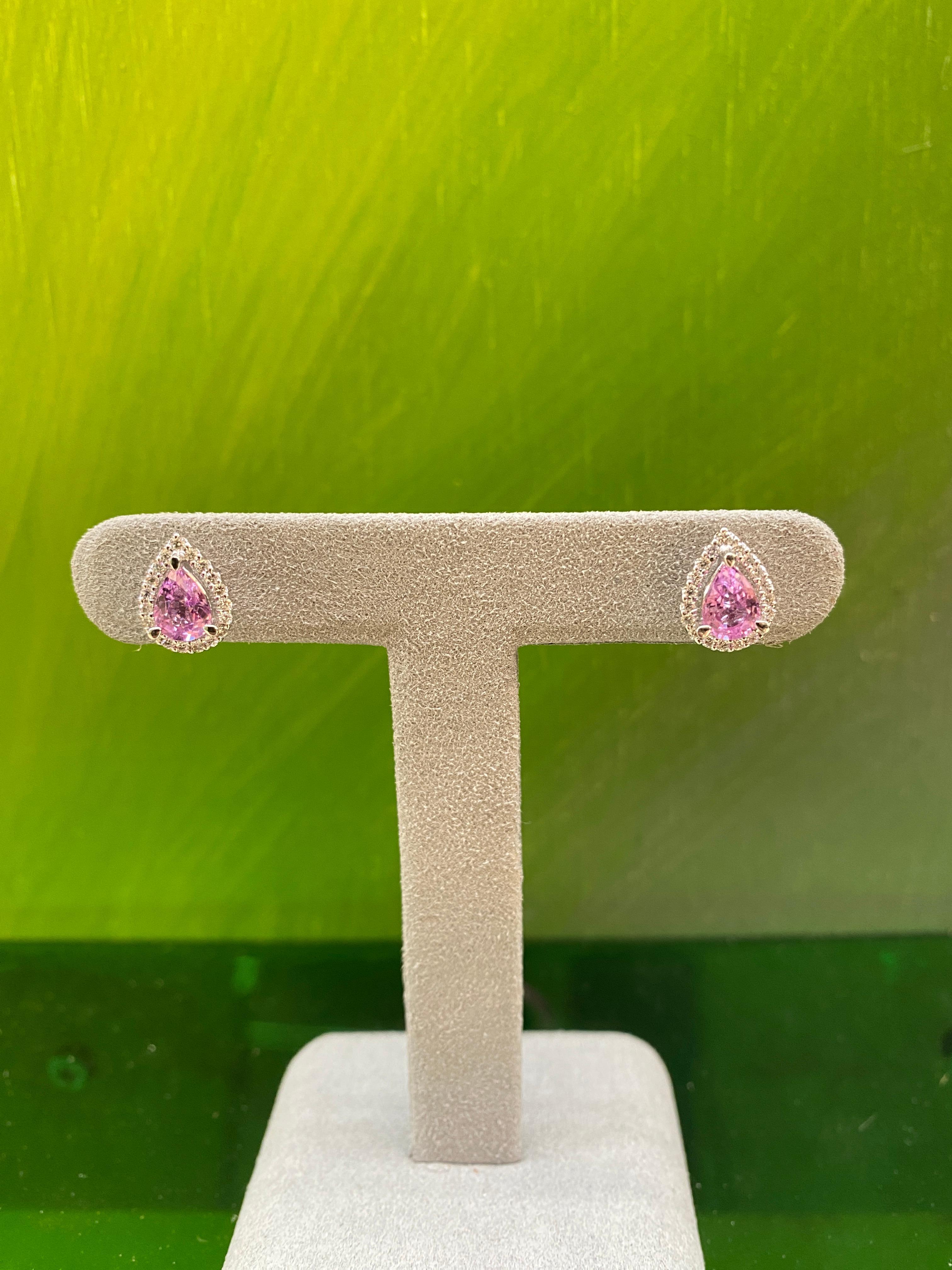 Pendientes de zafiro rosa y halo de diamantes en forma de pera de 1,85 quilates de peso total en venta 13