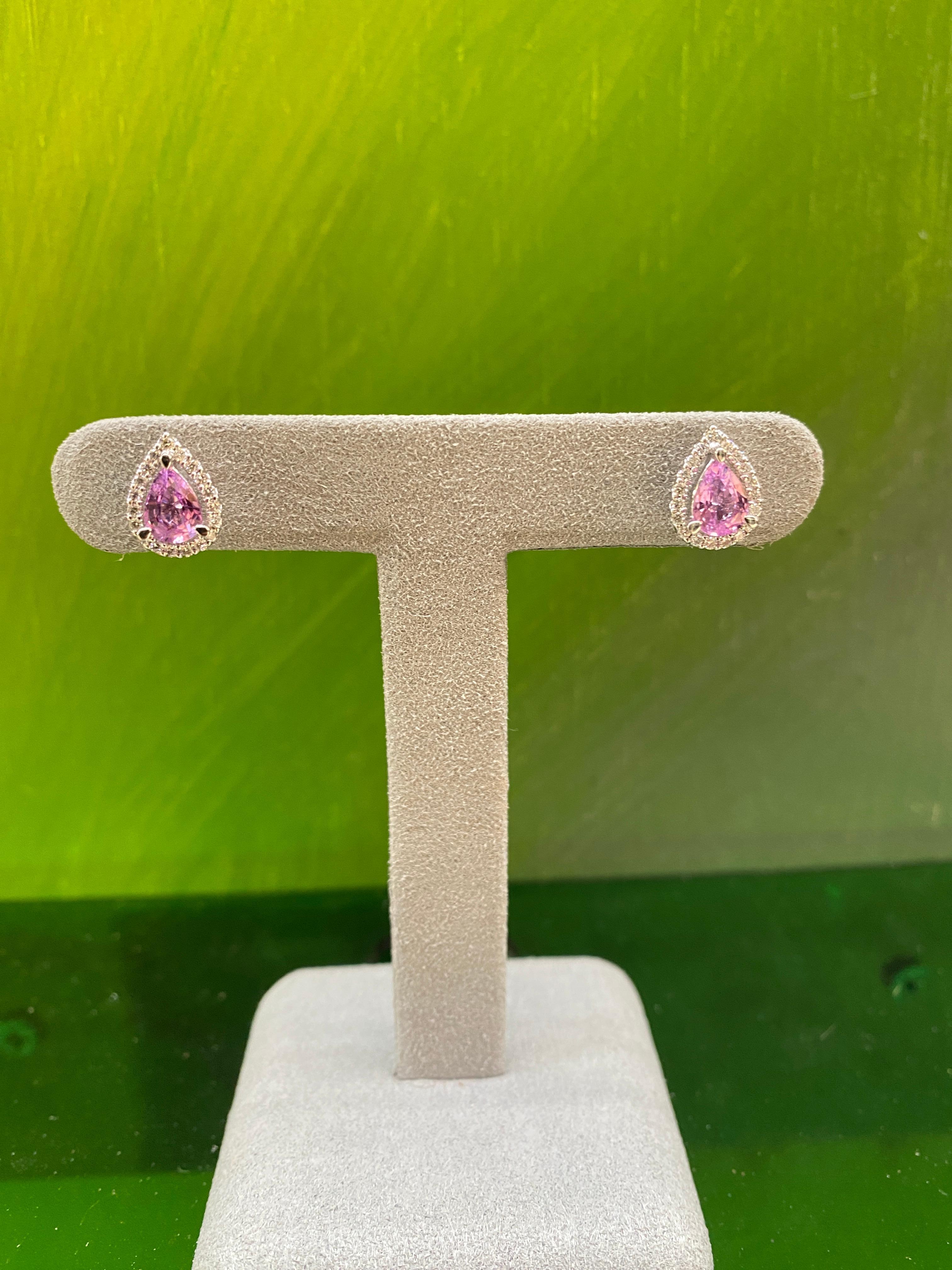 Pendientes de zafiro rosa y halo de diamantes en forma de pera de 1,85 quilates de peso total en venta 14