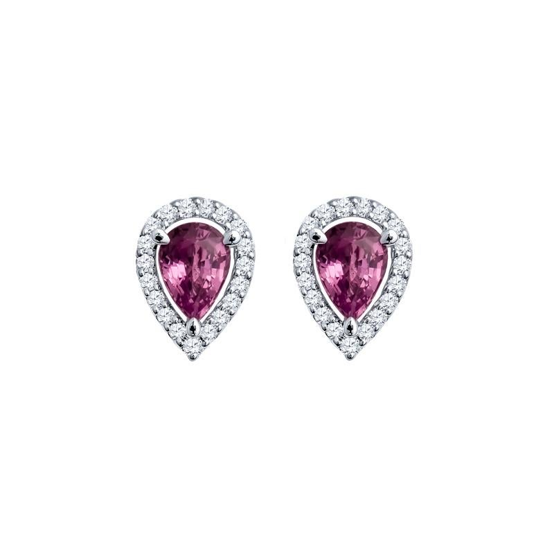 These exquisite halo stud earrings feature two natural unheated pink sapphires in a pear shape, totaling 1.85 carats. Accentuated with a delicate array of round natural diamonds weighing 0.30 carats, all beautifully set in luxurious 18 karat white
