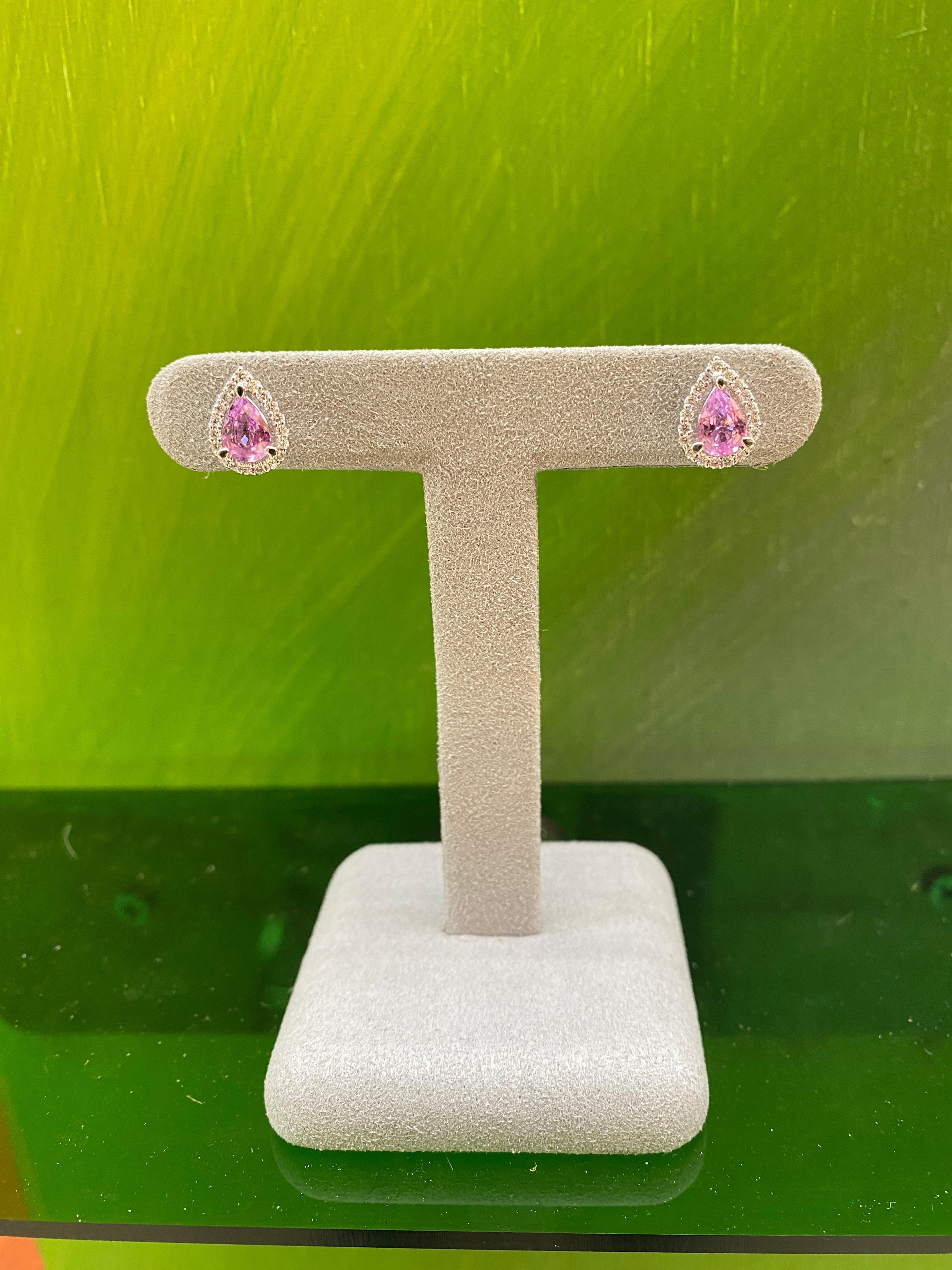 Pendientes de zafiro rosa y halo de diamantes en forma de pera de 1,85 quilates de peso total en venta 16