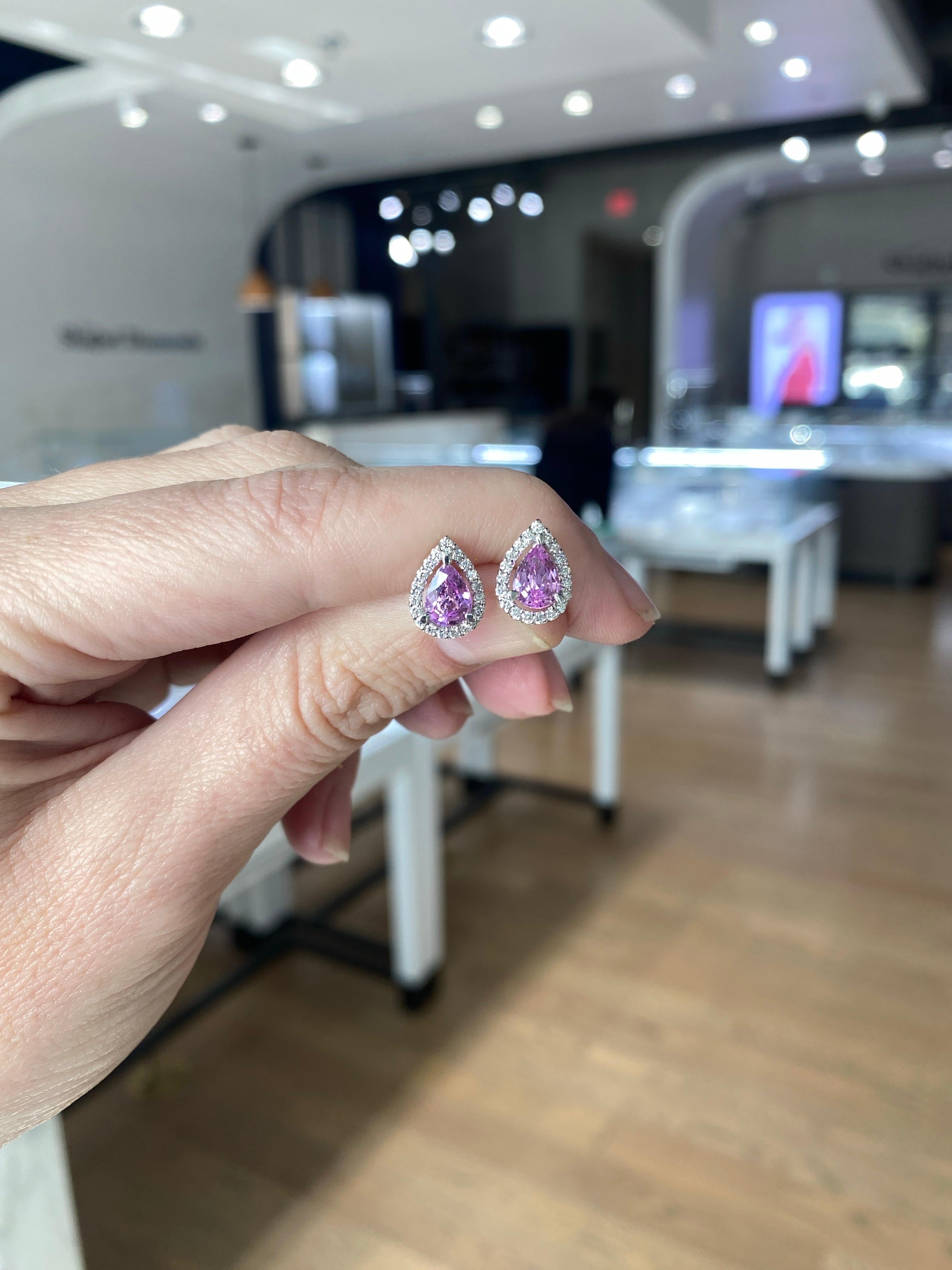 1.85 Carat Total Weight Pear Shaped Pink Sapphire and Diamond Halo Earrings In New Condition For Sale In Houston, TX