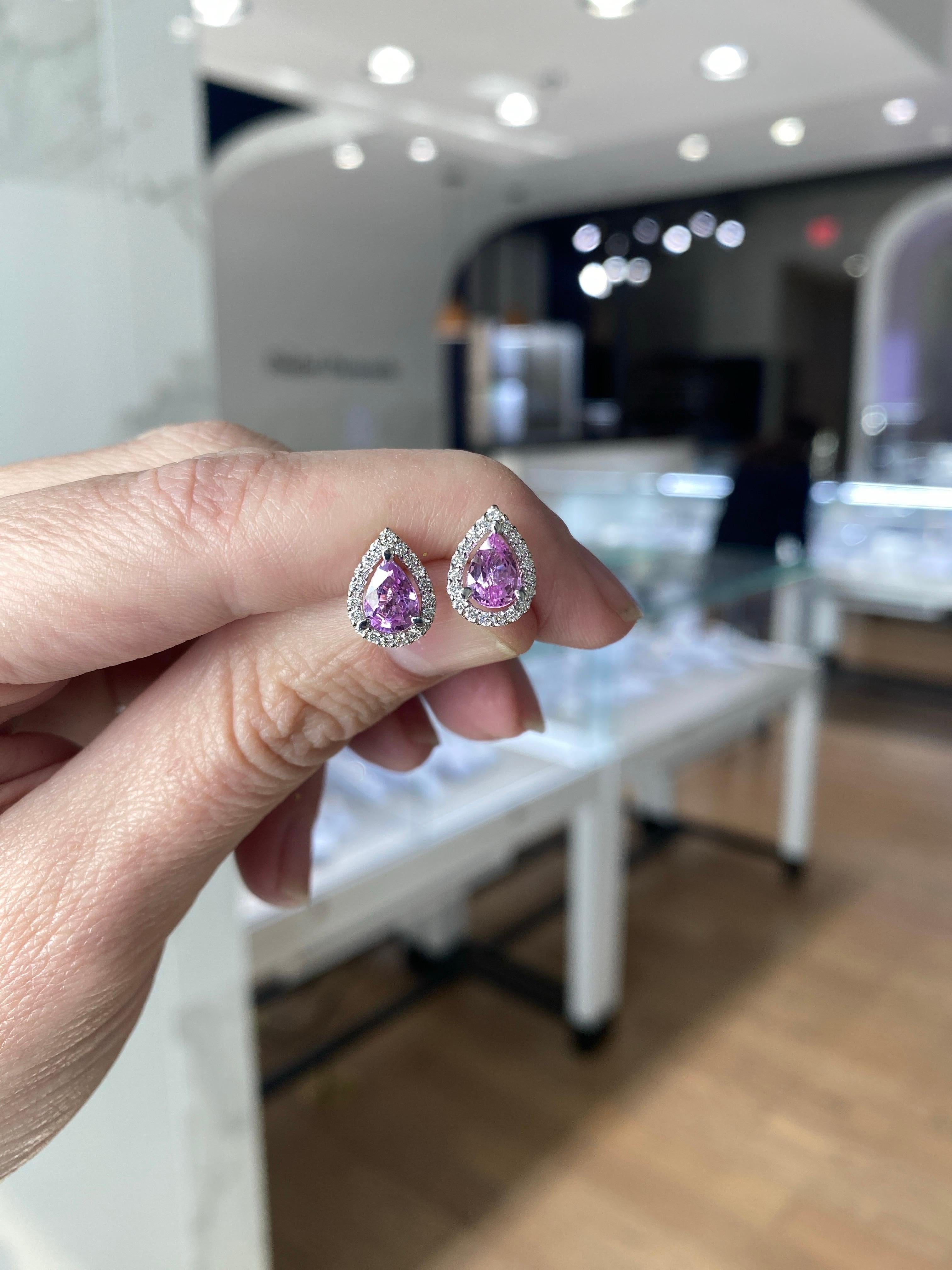 Women's or Men's 1.85 Carat Total Weight Pear Shaped Pink Sapphire and Diamond Halo Earrings For Sale