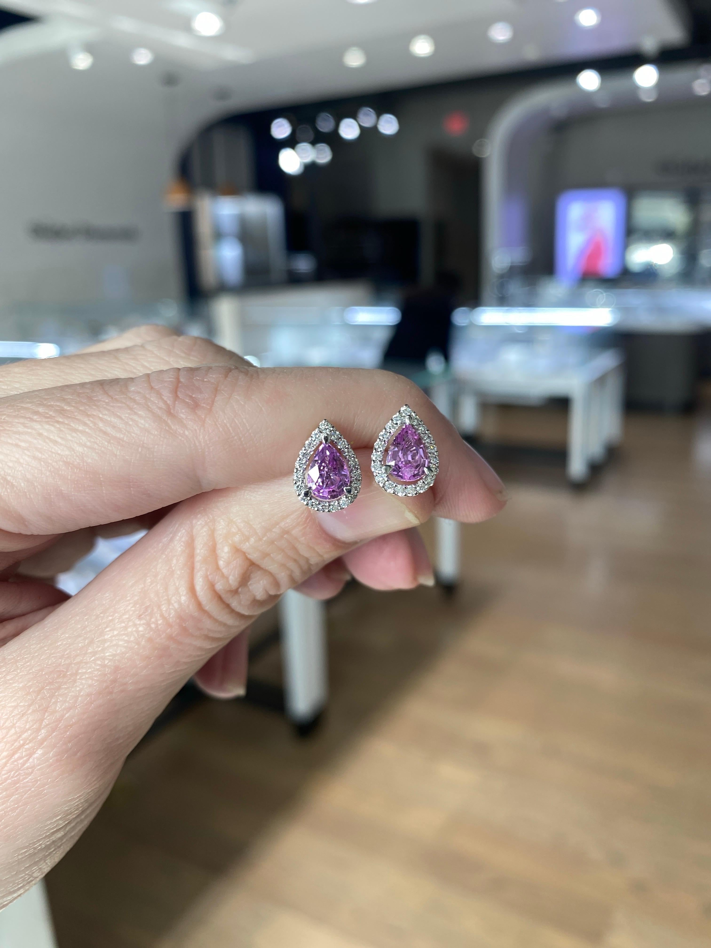 1.85 Carat Total Weight Pear Shaped Pink Sapphire and Diamond Halo Earrings For Sale 2
