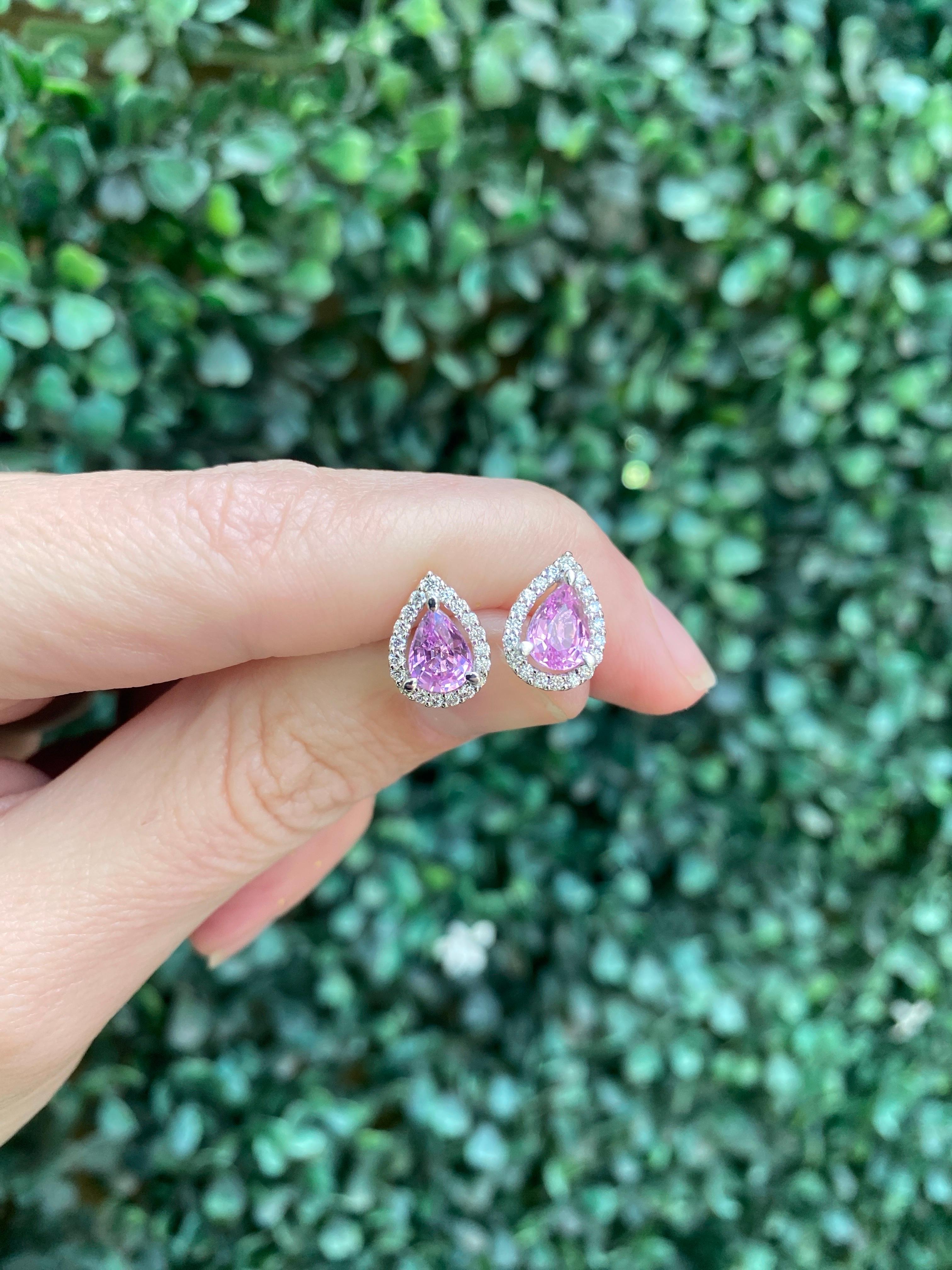 1.85 Carat Total Weight Pear Shaped Pink Sapphire and Diamond Halo Earrings For Sale 3