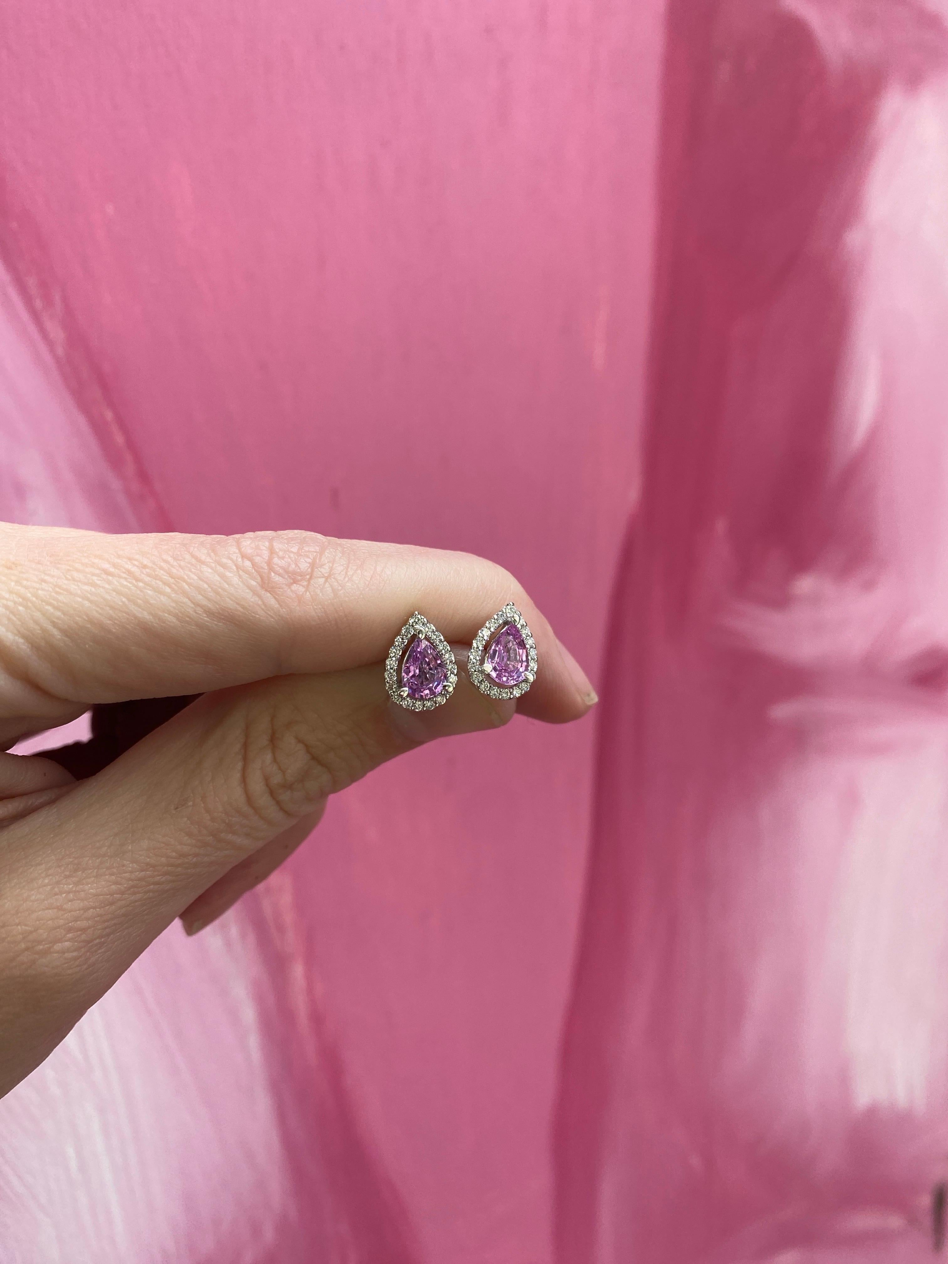 1.85 Carat Total Weight Pear Shaped Pink Sapphire and Diamond Halo Earrings For Sale 4