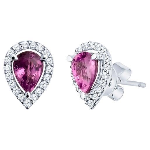 1.85 Carat Total Weight Pear Shaped Pink Sapphire and Diamond Halo Earrings For Sale