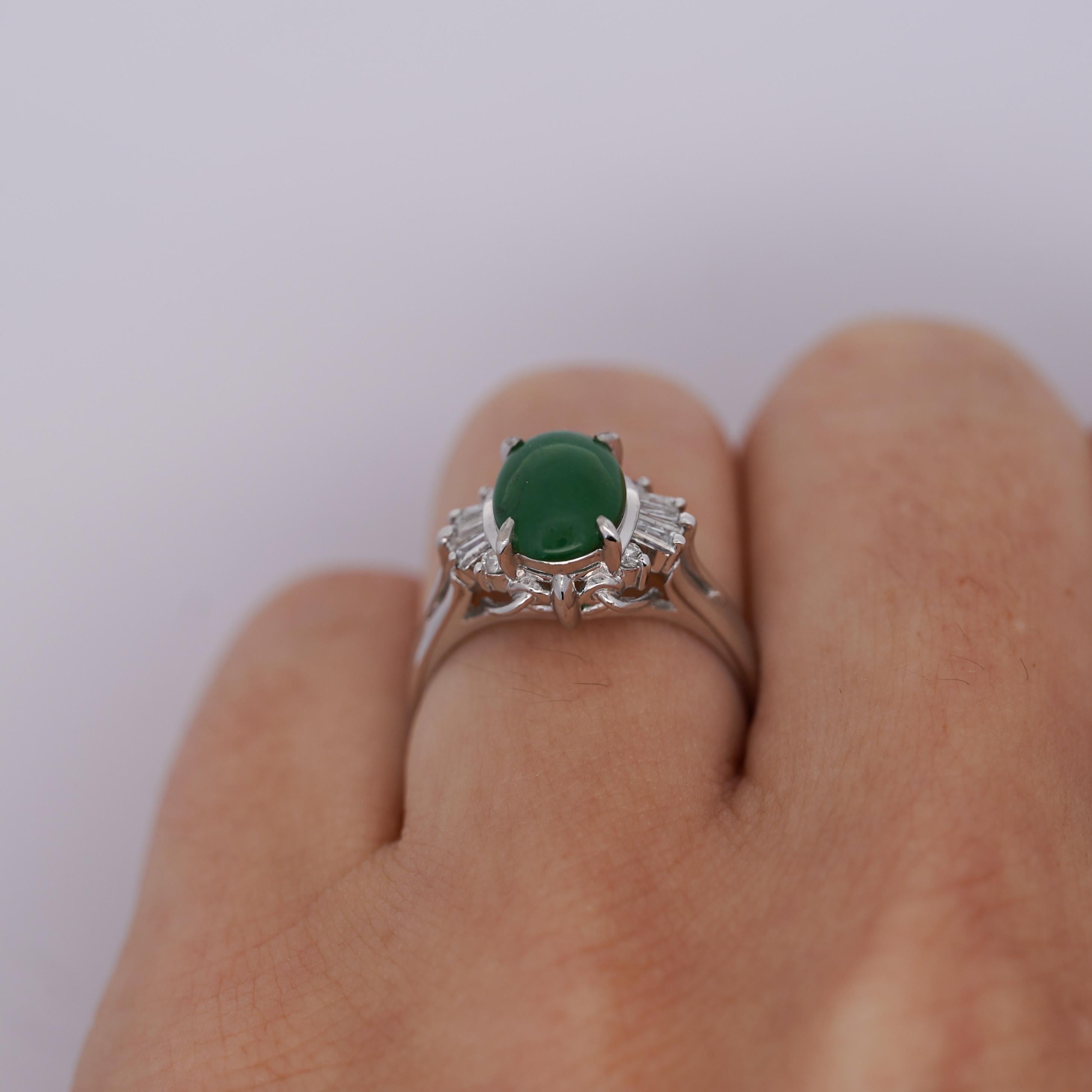 Art Deco 1.85 Carat Untreated Jadeite Jade and Diamond Platinum Ring HK Certified For Sale