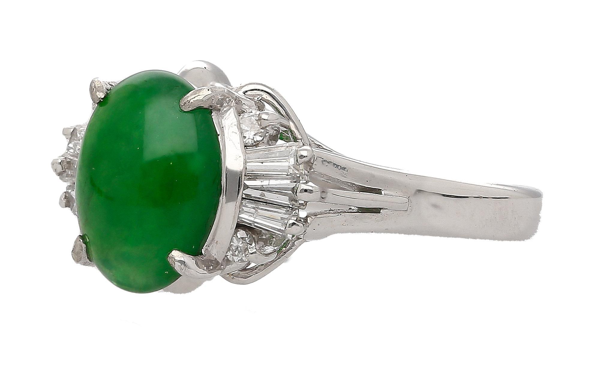 Oval Cut 1.85 Carat Untreated Jadeite Jade and Diamond Platinum Ring HK Certified For Sale