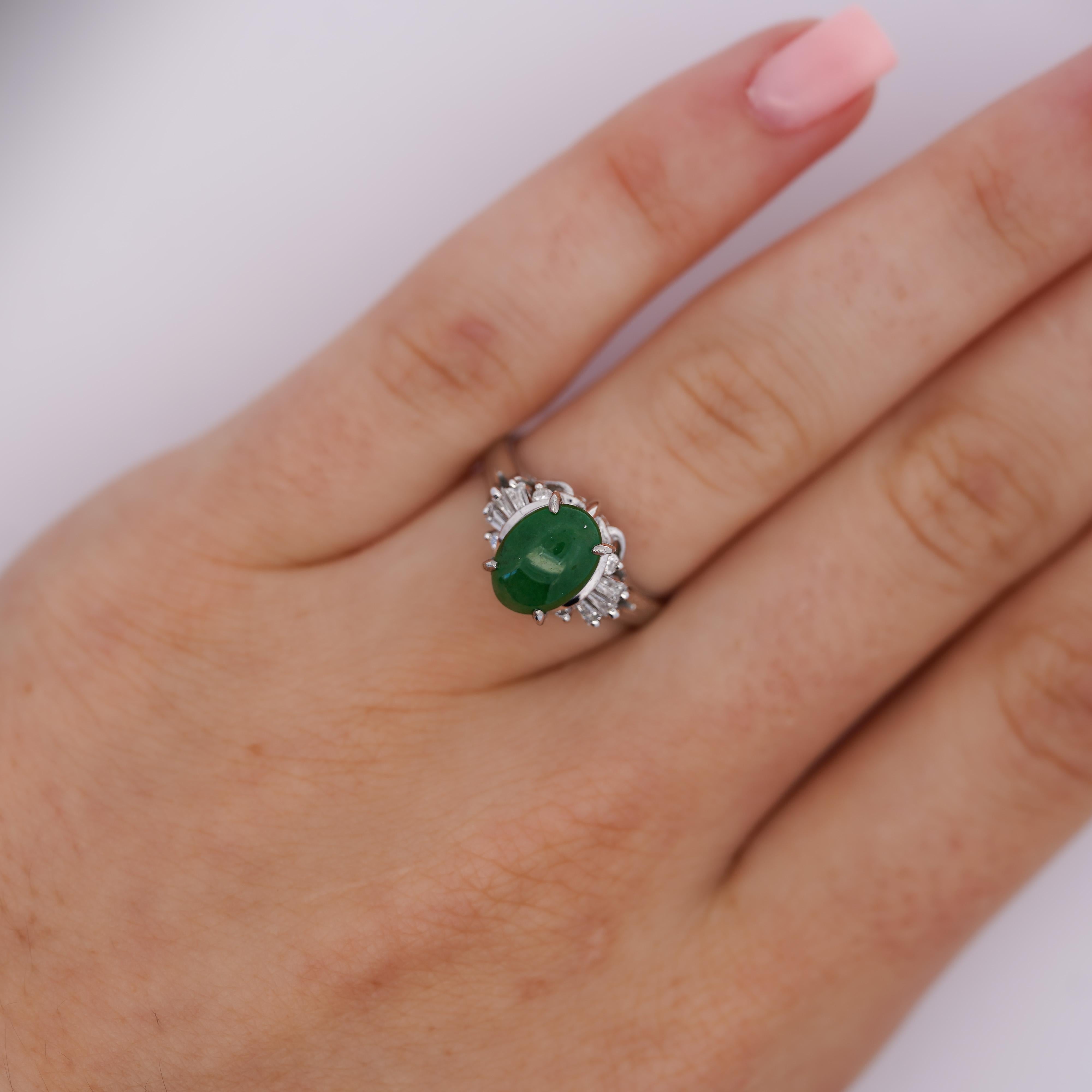 1.85 Carat Untreated Jadeite Jade and Diamond Platinum Ring HK Certified In Excellent Condition For Sale In Miami, FL