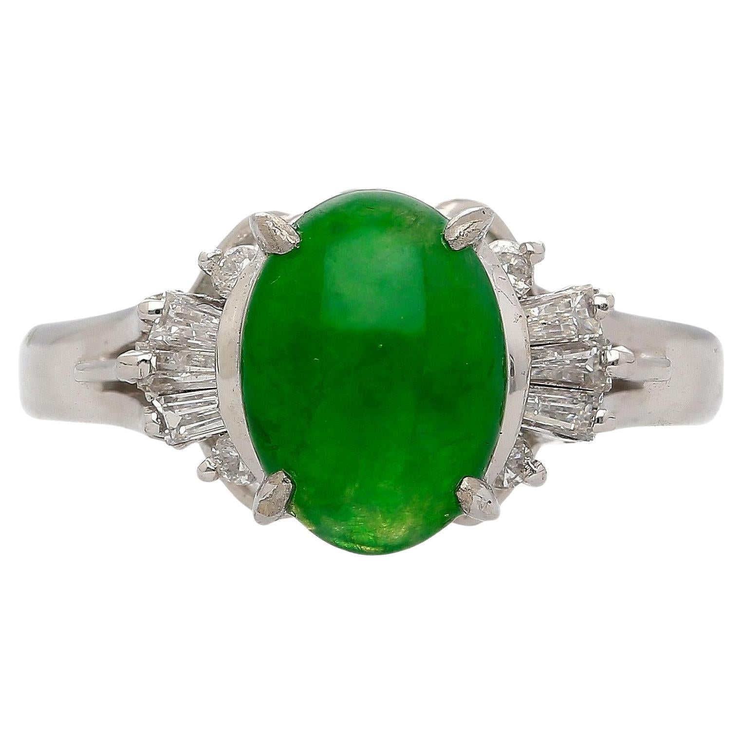 1.85 Carat Untreated Jadeite Jade and Diamond Platinum Ring HK Certified